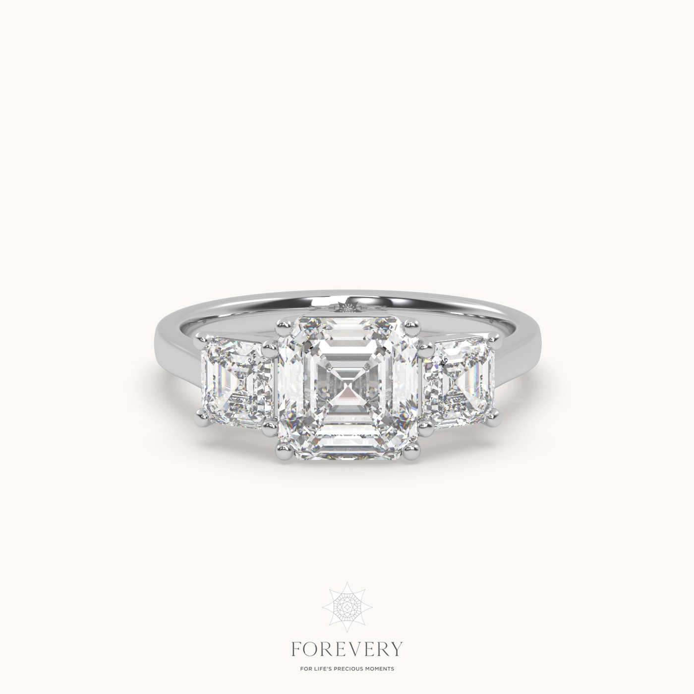18k white gold  asscher diamond cut trilogy diamond engagement ring