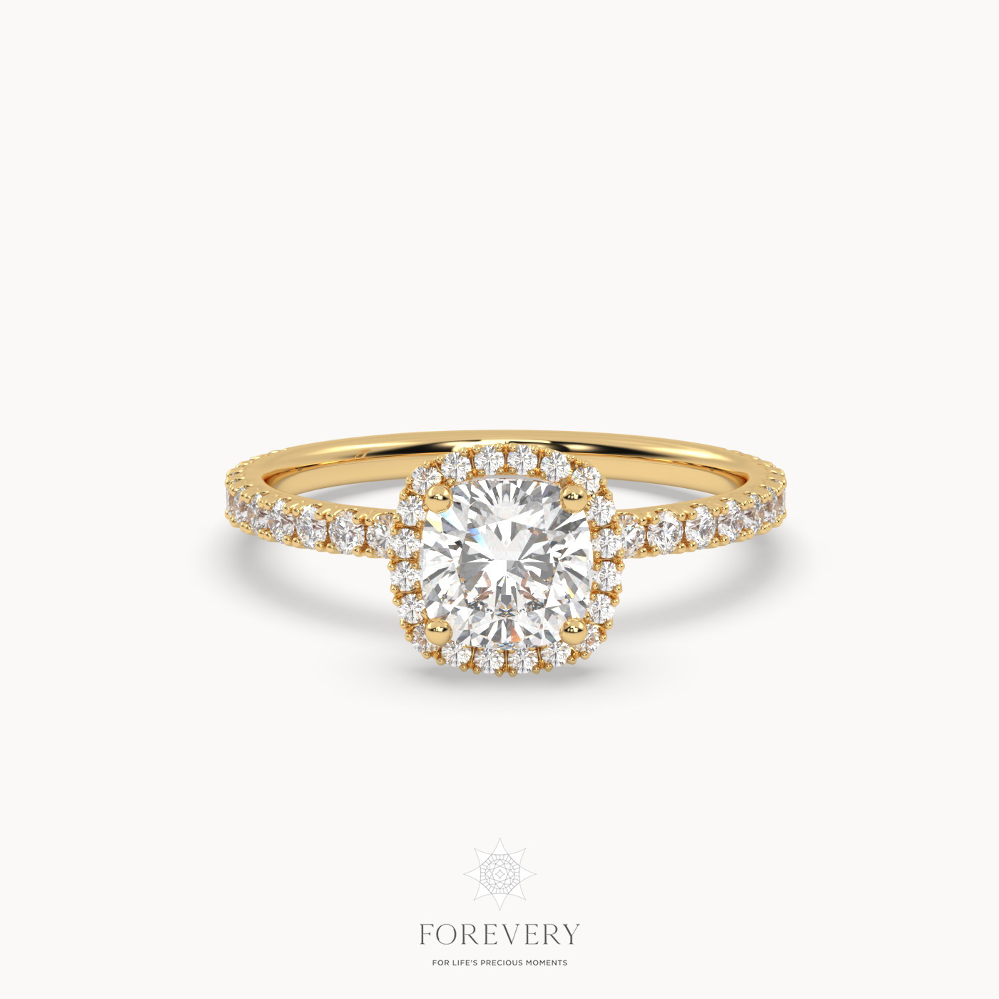 18k white gold  halo cushion cut diamond engagement ring with half diamond band Photos & images
