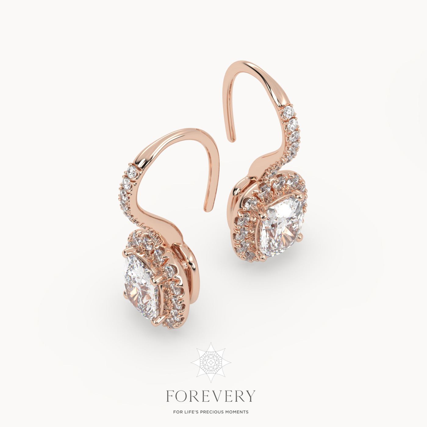18K ROSE GOLD Cushion Cut Diamond Drop Earrings