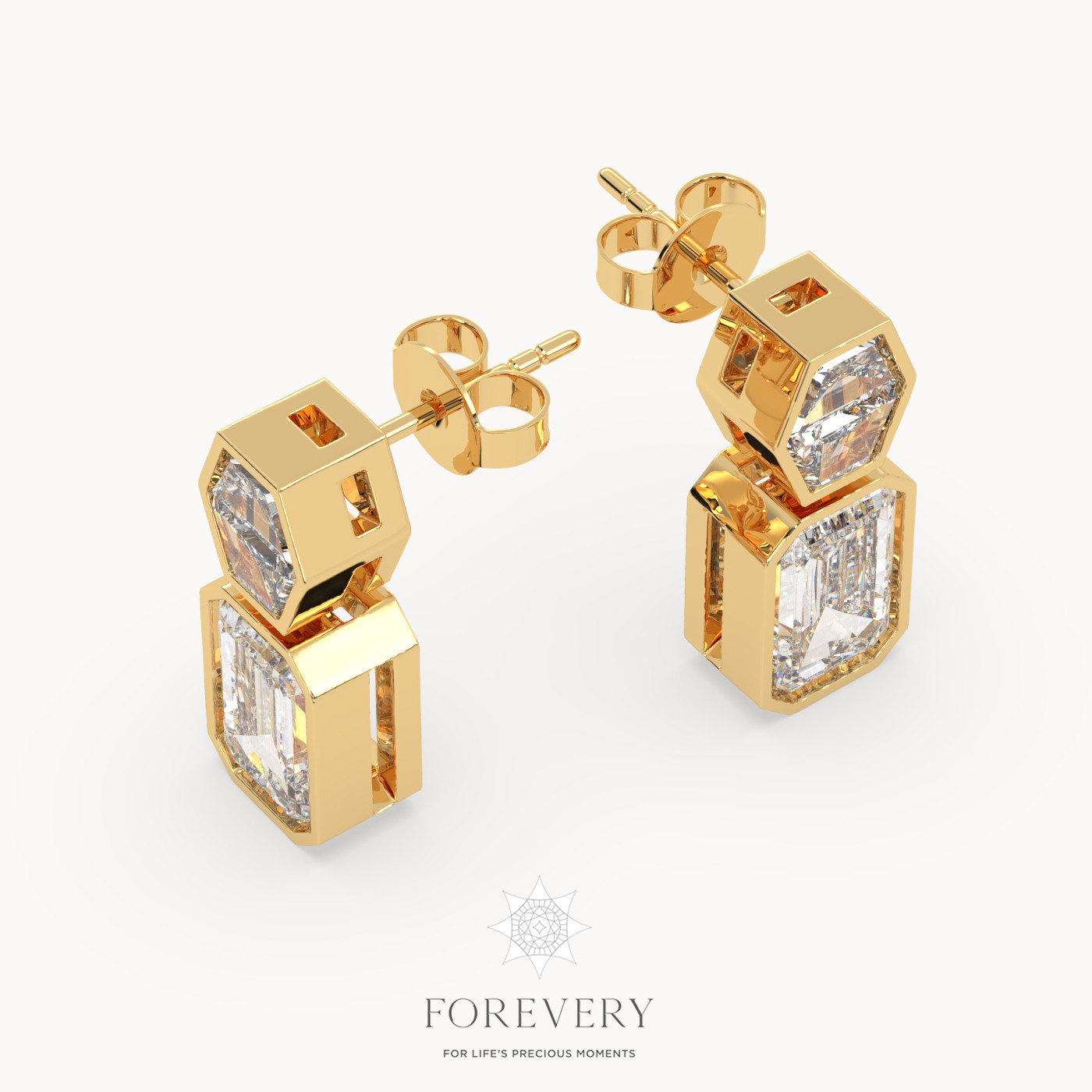 18K YELLOW GOLD Emerald Cut Diamond Dangle Earrings
