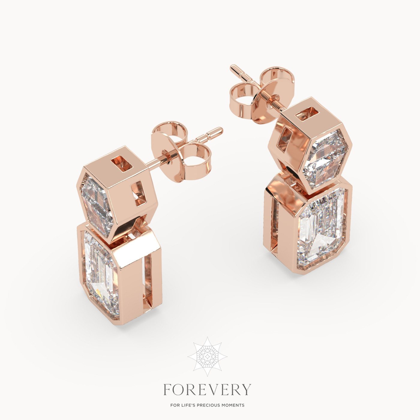 18K ROSE GOLD Emerald Cut Diamond Dangle Earrings