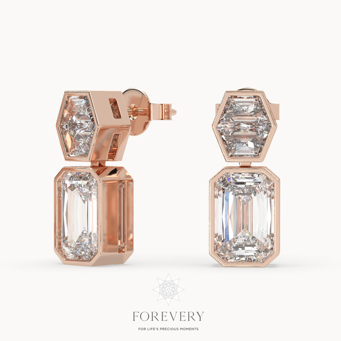 18K ROSE GOLD Emerald Cut Diamond Dangle Earrings