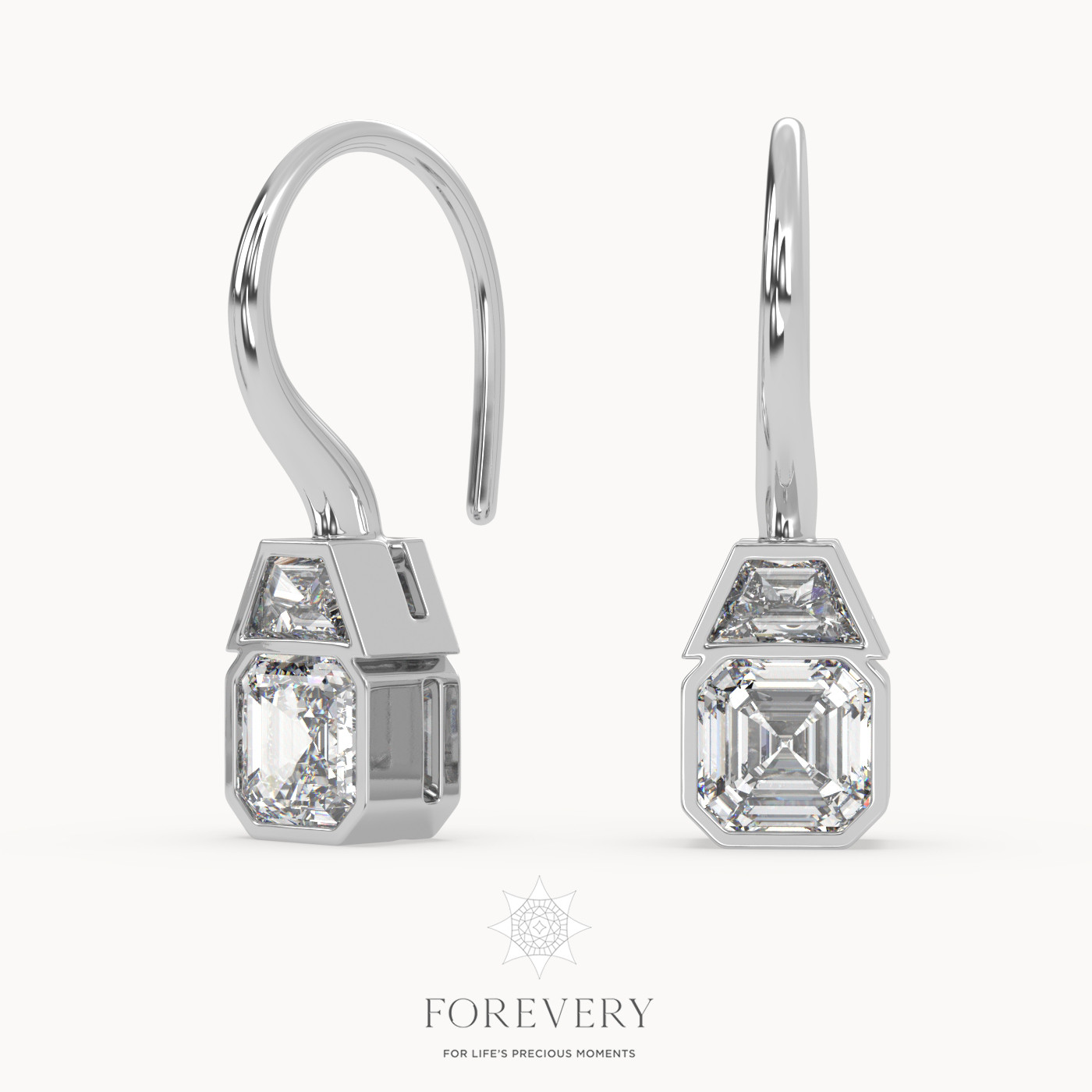 18K WHITE GOLD Asscher Cut French Wire Diamond Earrings