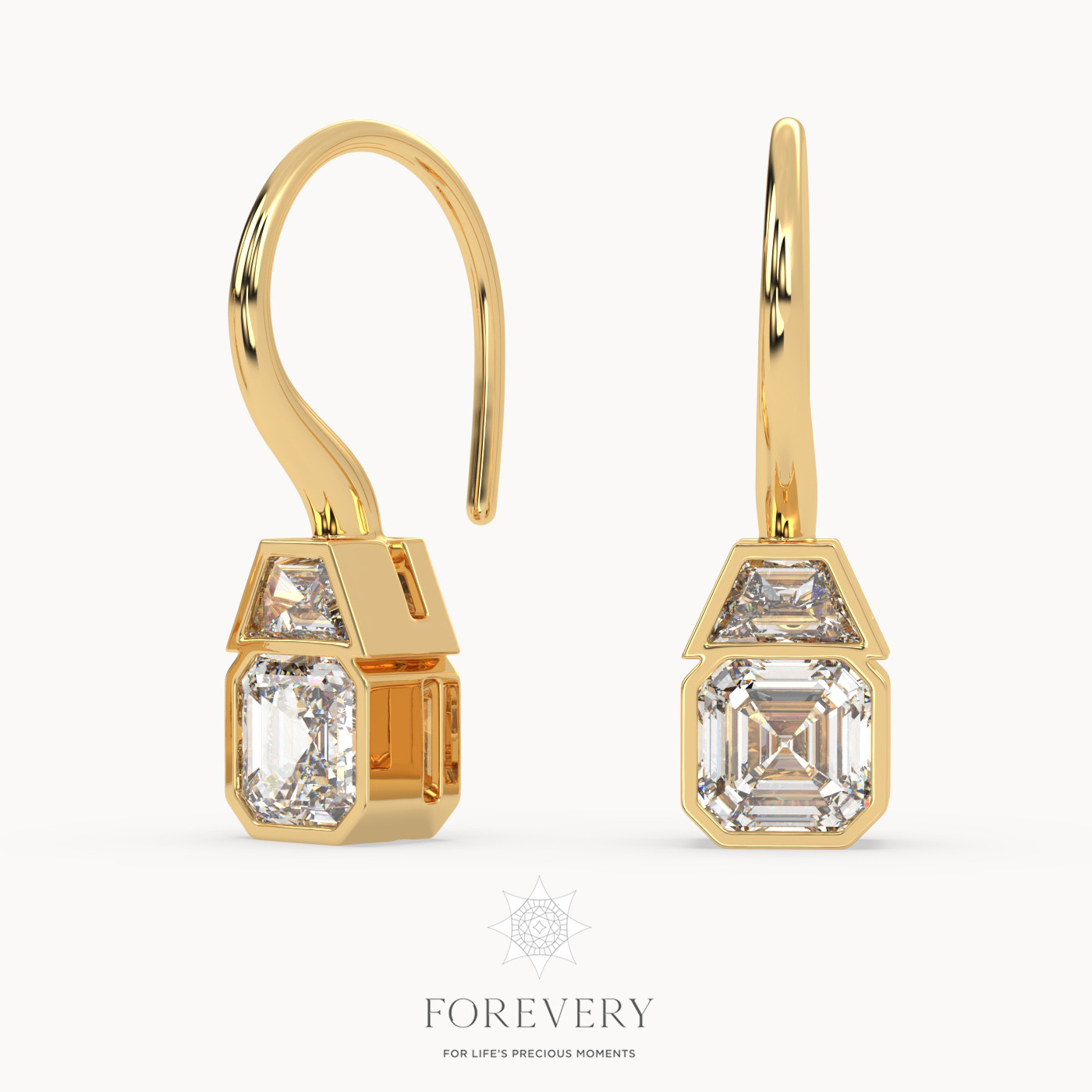 18K YELLOW GOLD Asscher Cut French Wire Diamond Earrings
