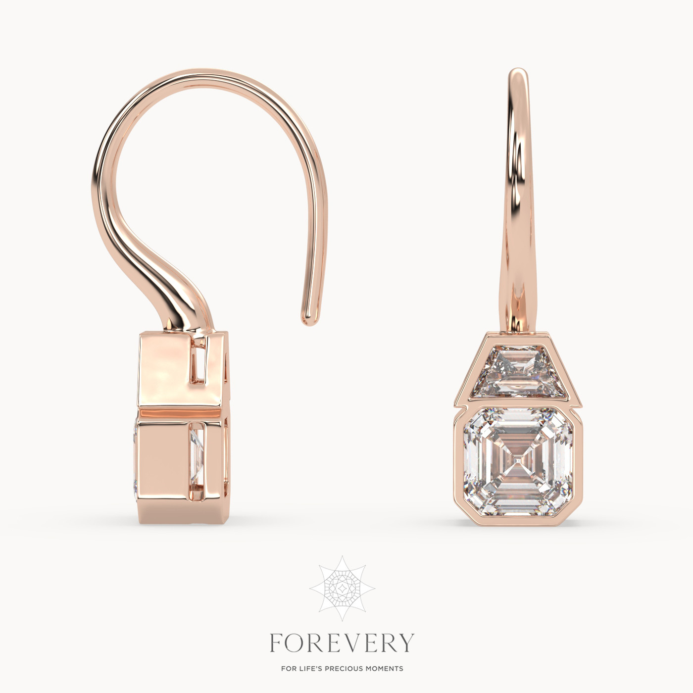 18K ROSE GOLD Asscher Cut French Wire Diamond Earrings