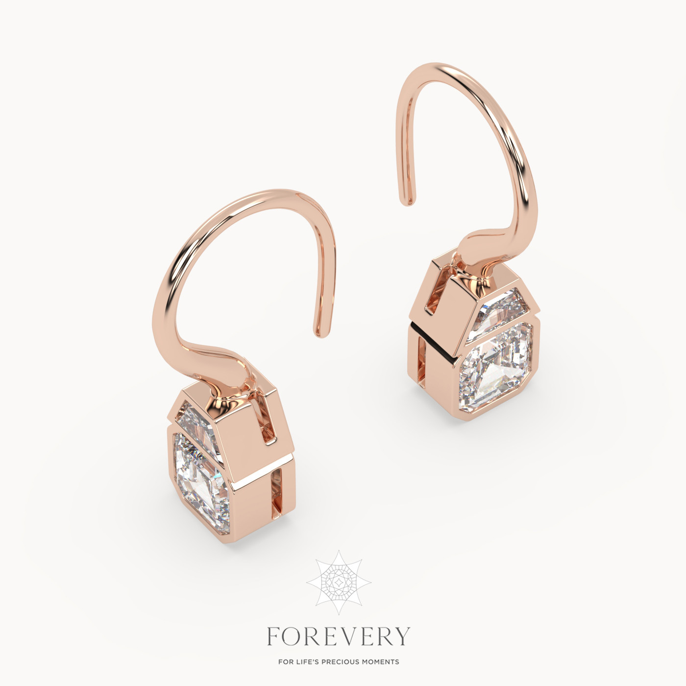 18K ROSE GOLD Asscher Cut French Wire Diamond Earrings