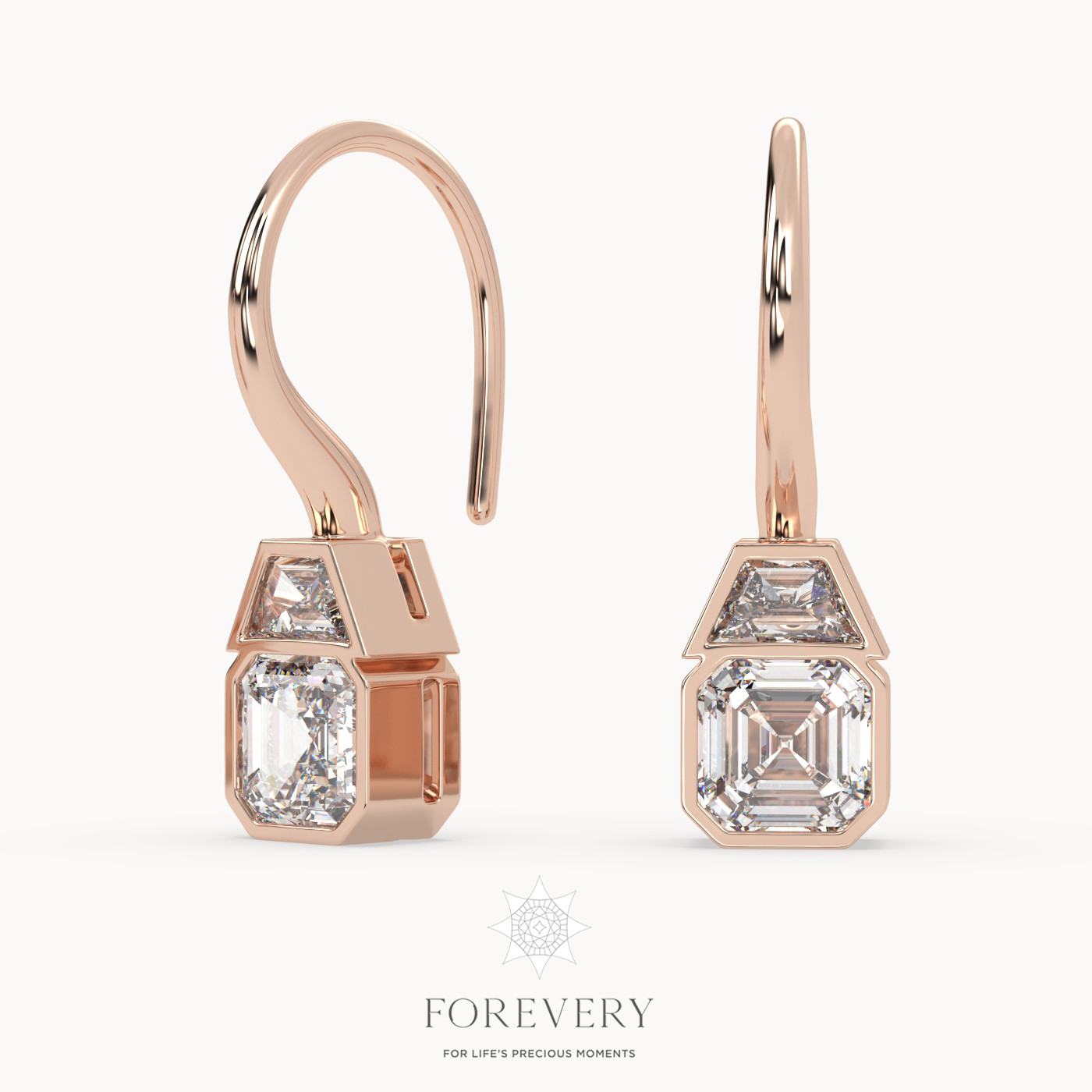 18K ROSE GOLD Asscher Cut French Wire Diamond Earrings