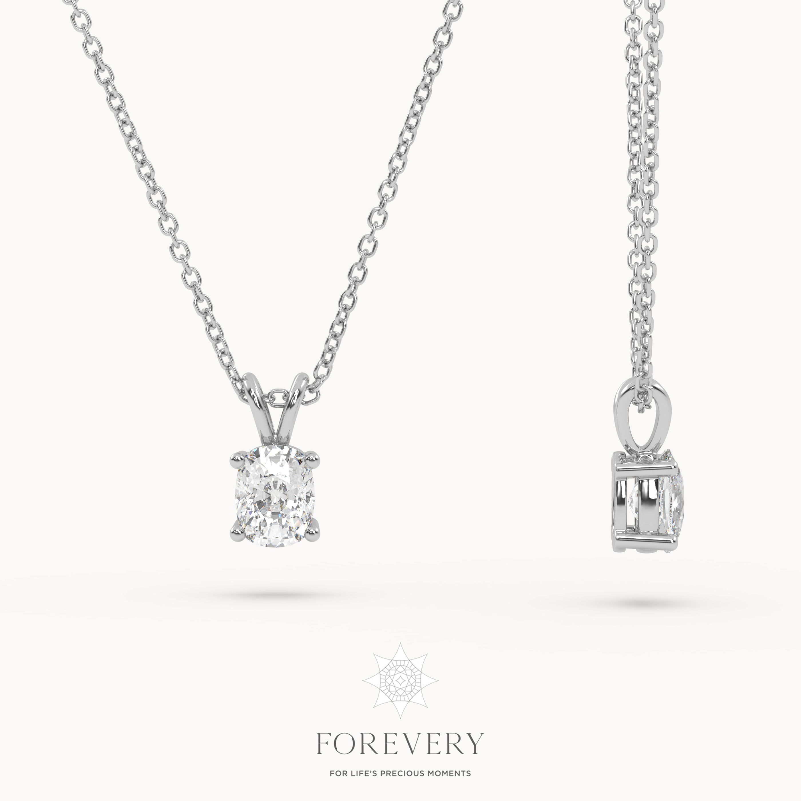 18K WHITE GOLD Punto Luc Necklace with Cushion Cut Diamond