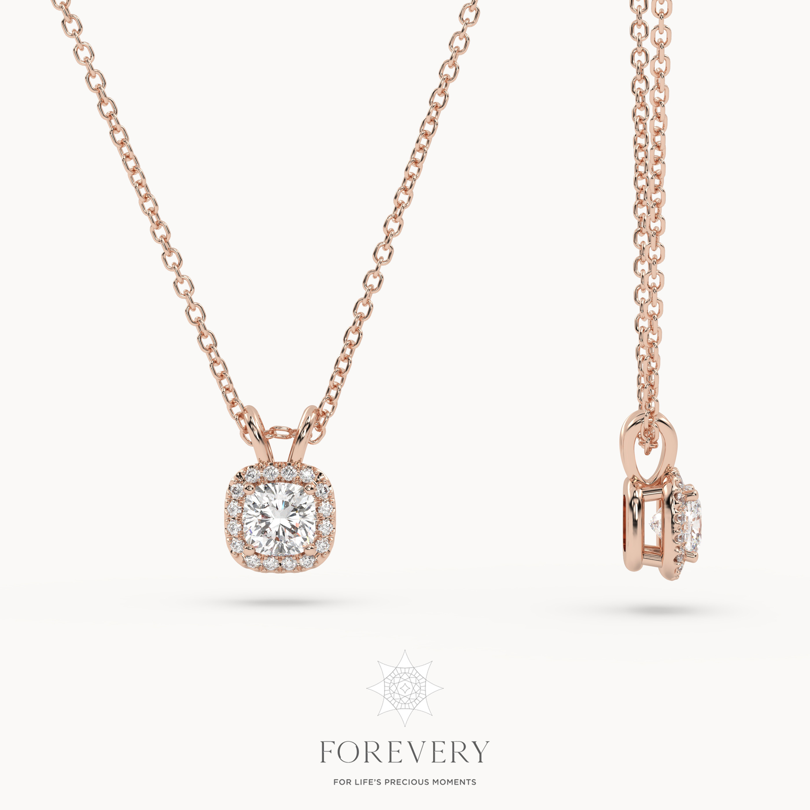 18K ROSE GOLD Cushion Cut Diamond Halo Pendant