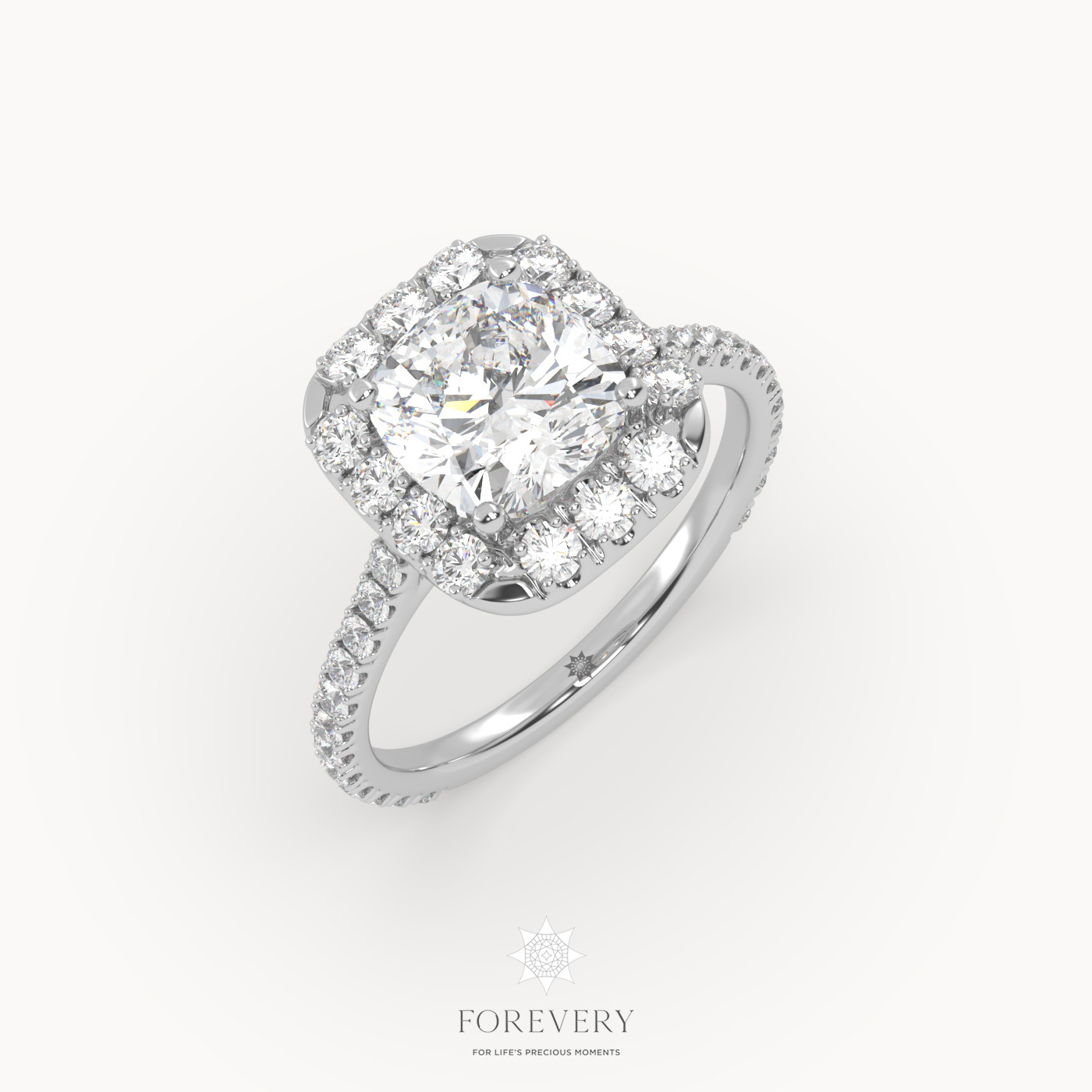 18K WHITE GOLD Vintage Cushion Diamond Halo Engagement Ring With Pave Band
