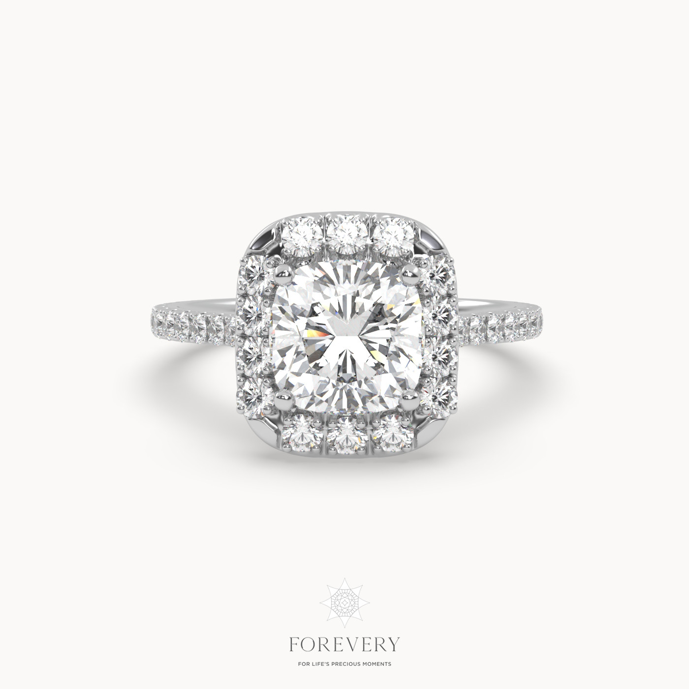 18K WHITE GOLD Vintage Cushion Diamond Halo Engagement Ring With Pave Band