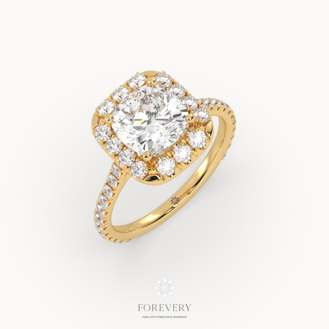 18K YELLOW GOLD Vintage Cushion Diamond Halo Engagement Ring With Pave Band