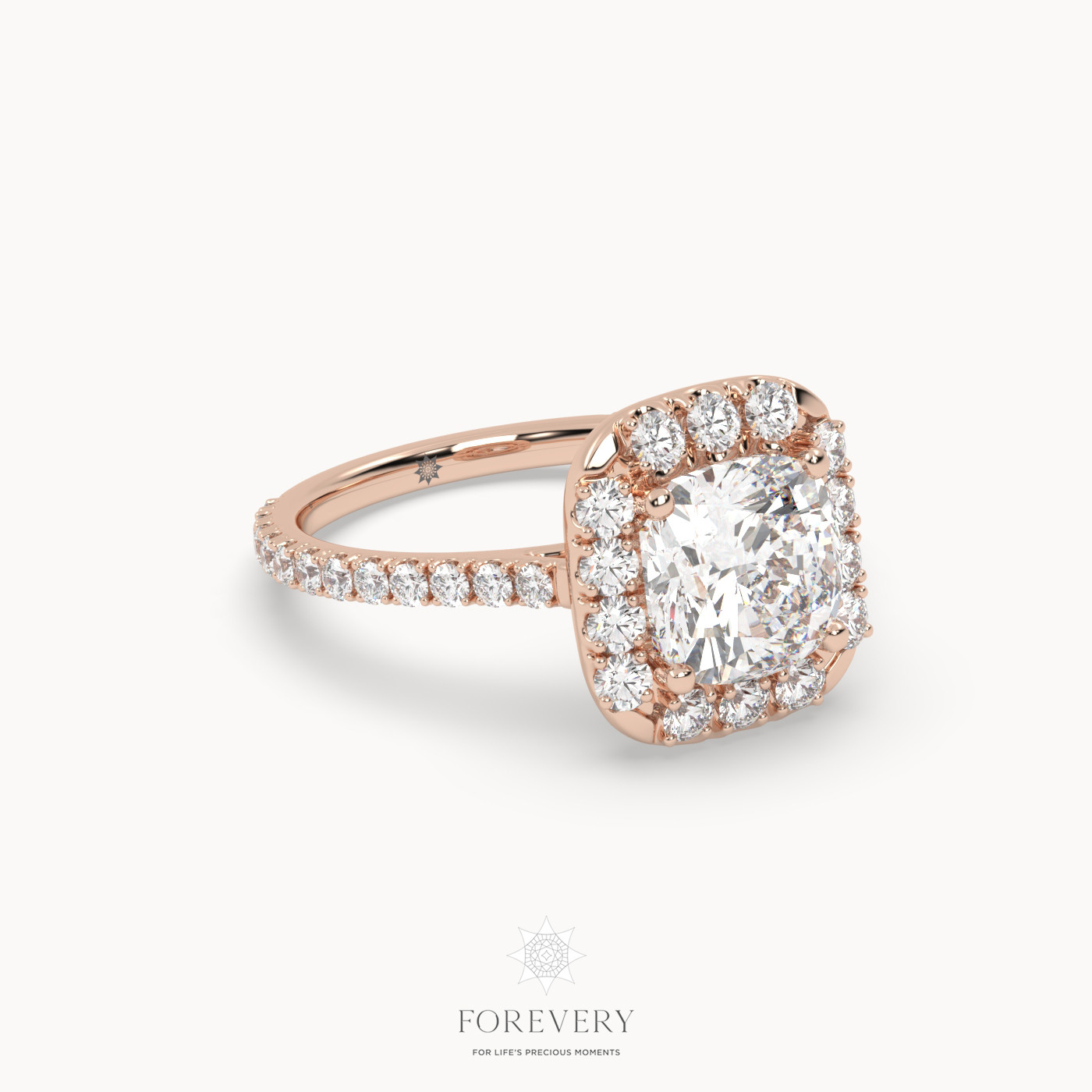 18K ROSE GOLD Vintage Cushion Diamond Halo Engagement Ring With Pave Band