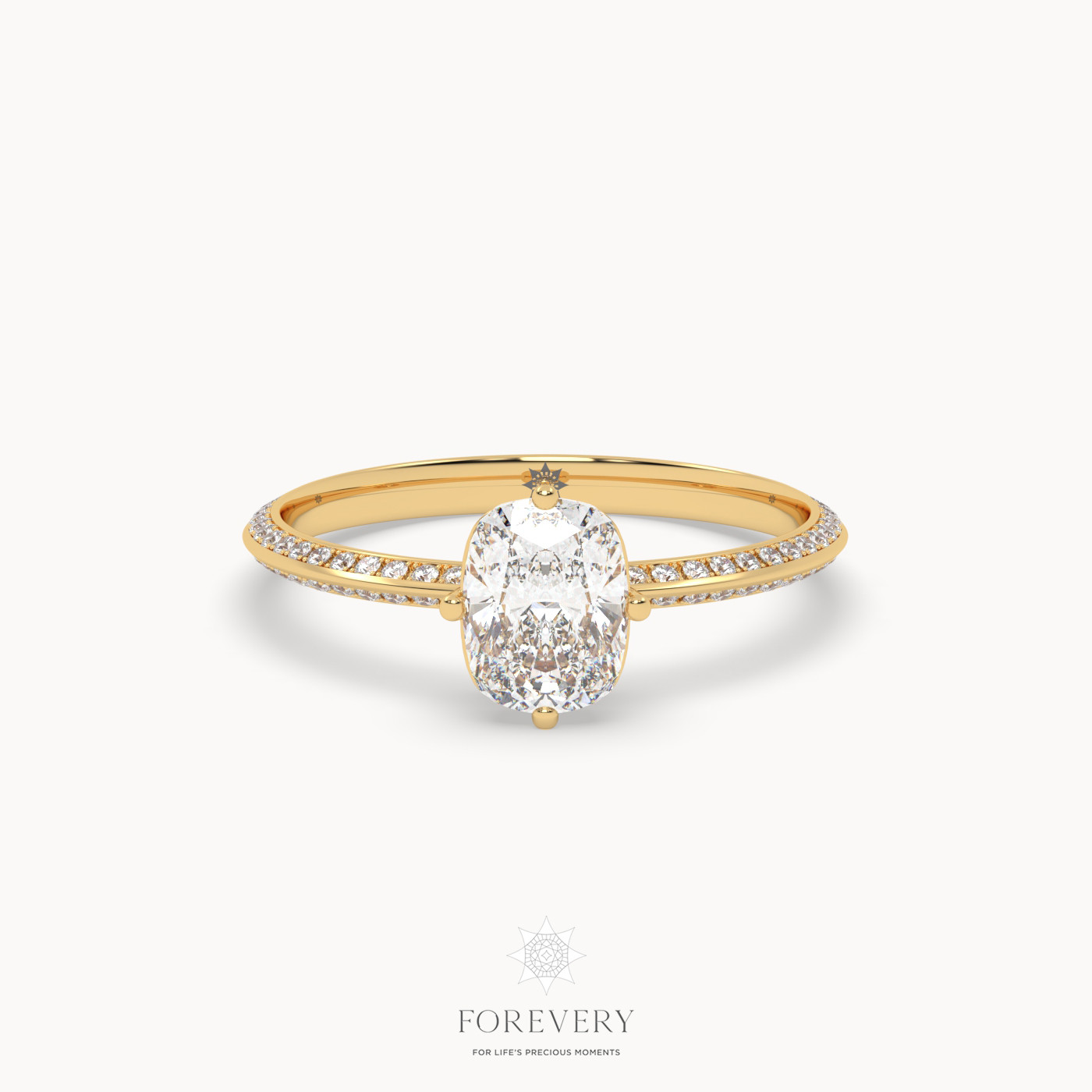 18K YELLOW GOLD Cushion Cut Diamond Engagement Ring with Pave Band