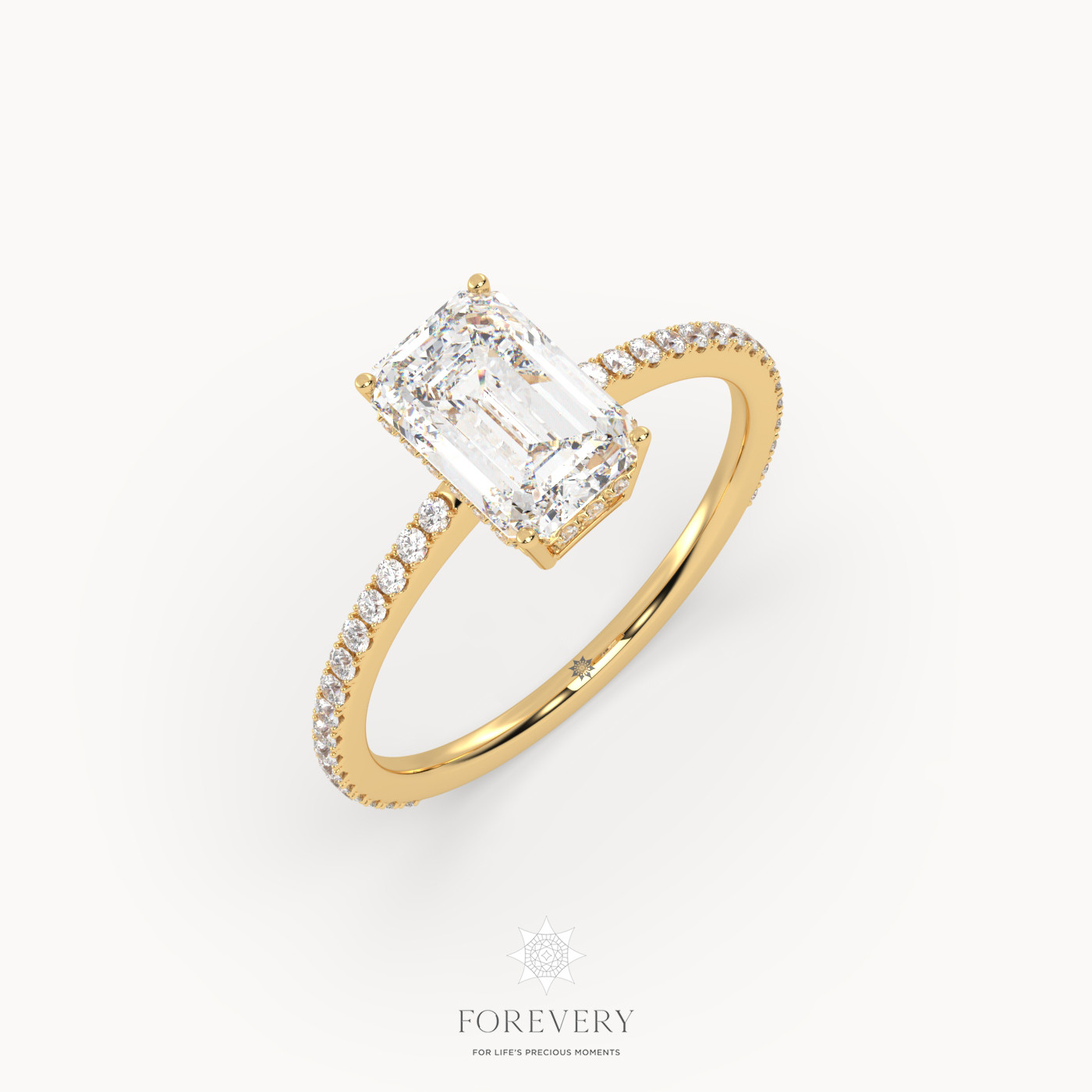 18K YELLOW GOLD Emerald Engagement Ring with Pave Style Band