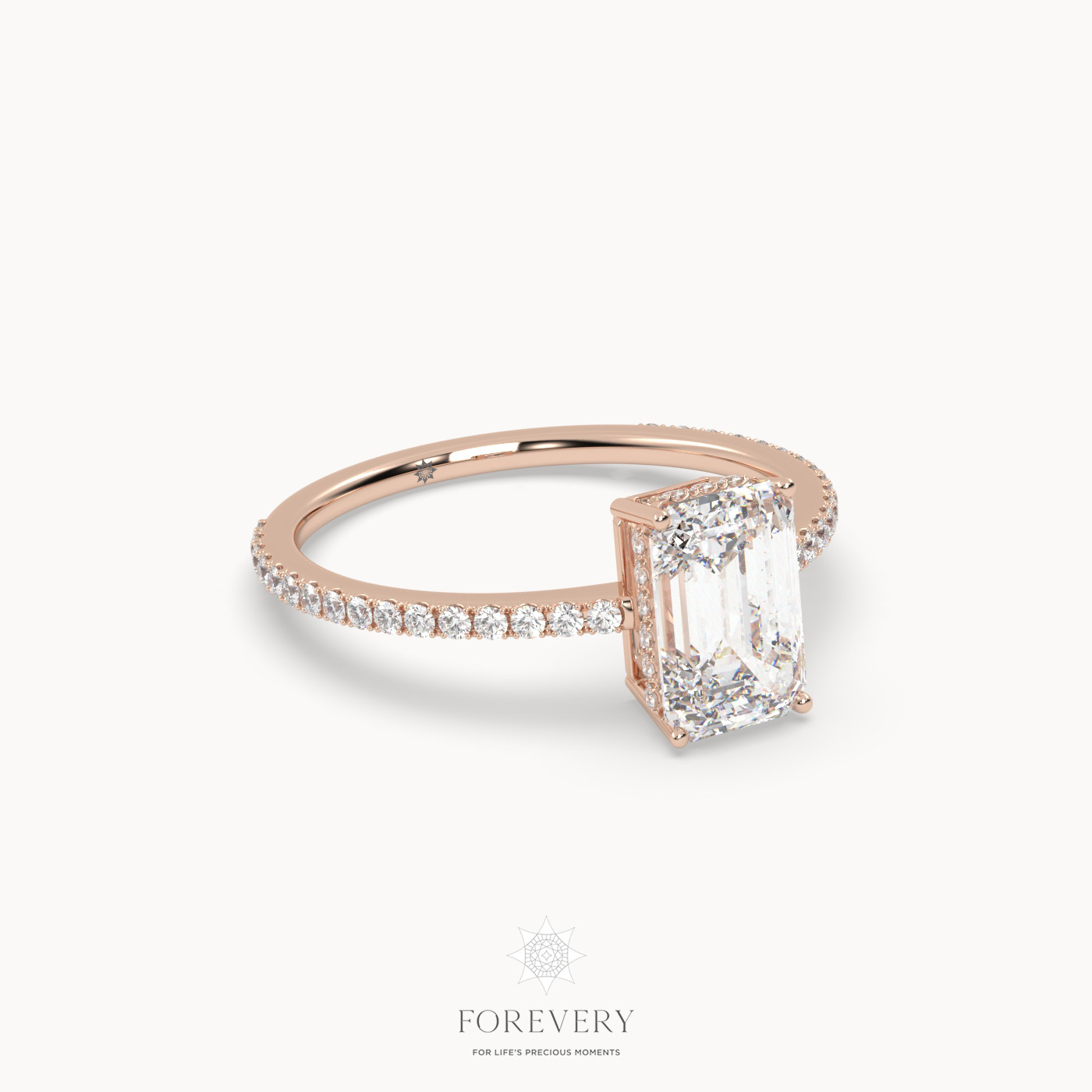 18K ROSE GOLD Emerald Engagement Ring with Pave Style Band