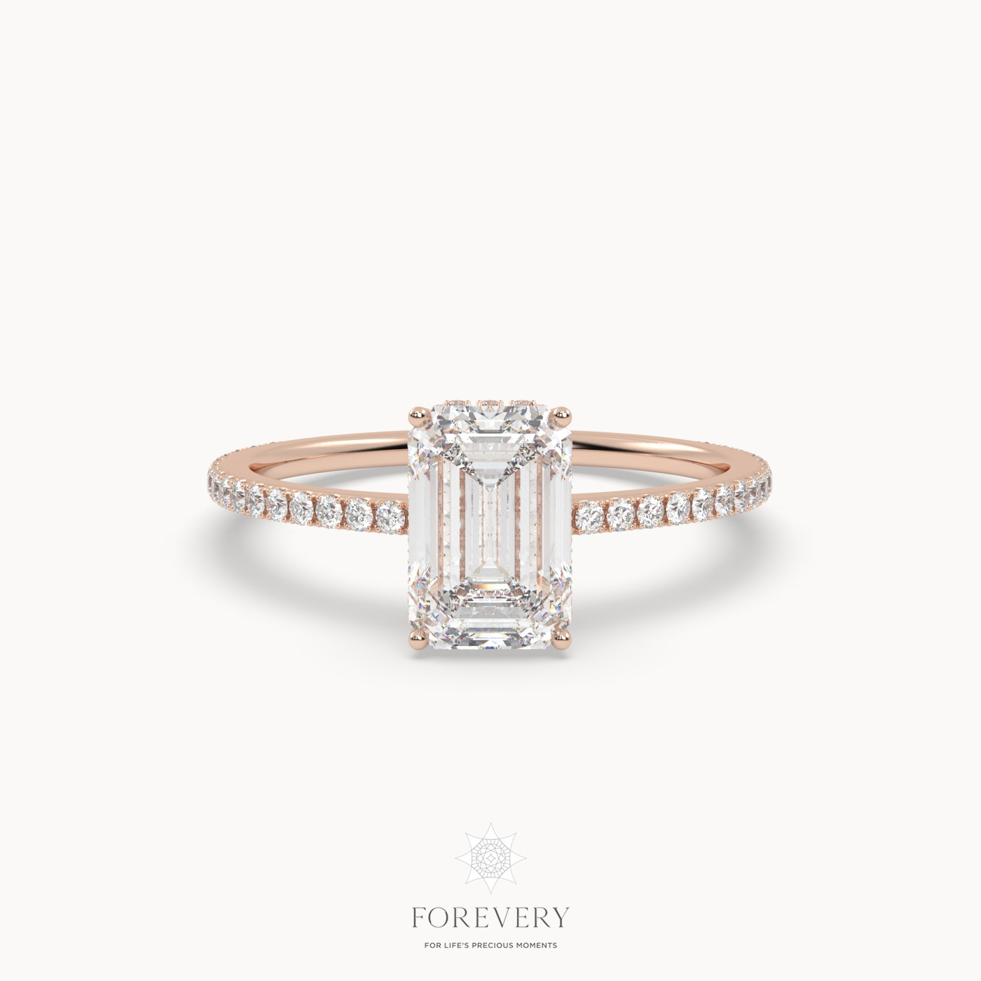 18K ROSE GOLD Emerald Engagement Ring with Pave Style Band