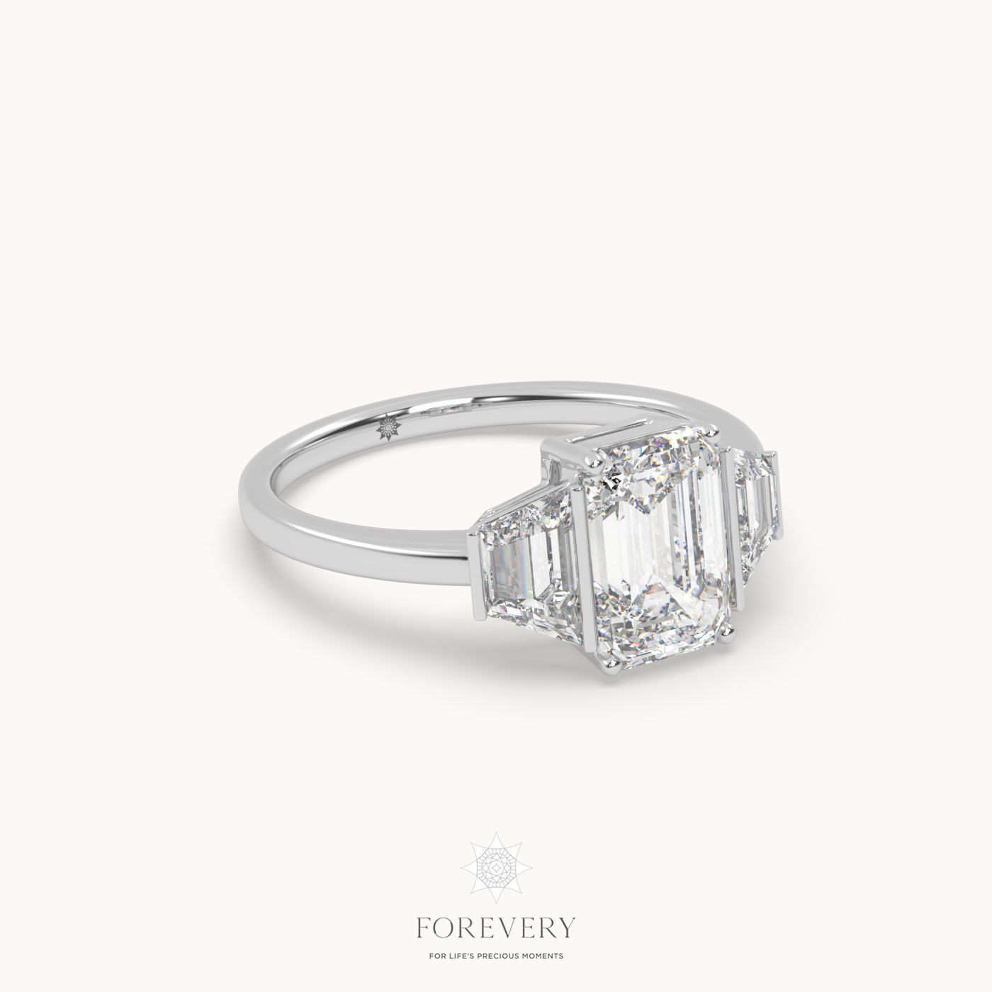 18K WHITE GOLD Tapered Three Stone Emerald Engagement Ring