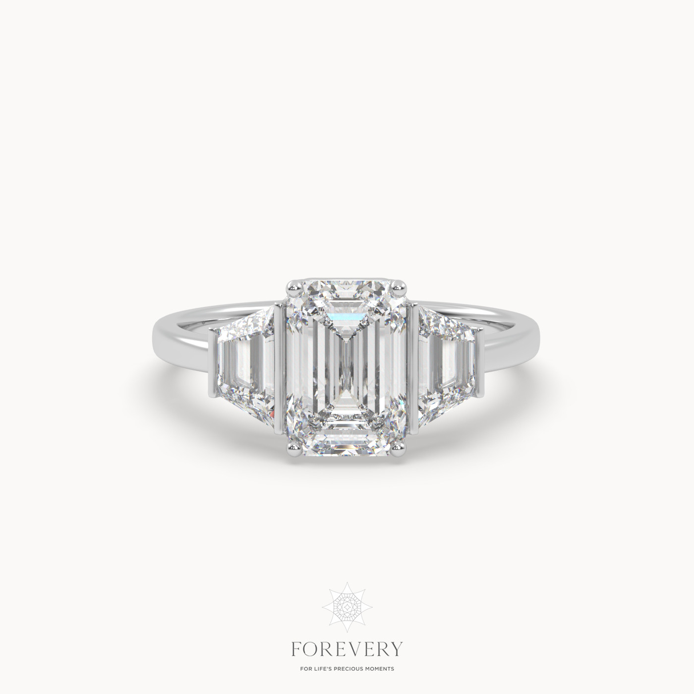 18K WHITE GOLD Tapered Three Stone Emerald Engagement Ring