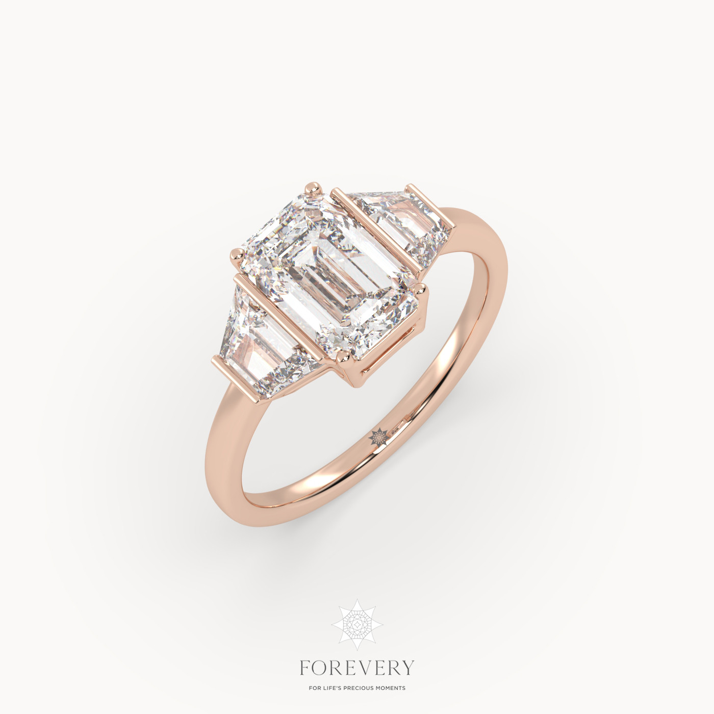 18K ROSE GOLD Tapered Three Stone Emerald Engagement Ring