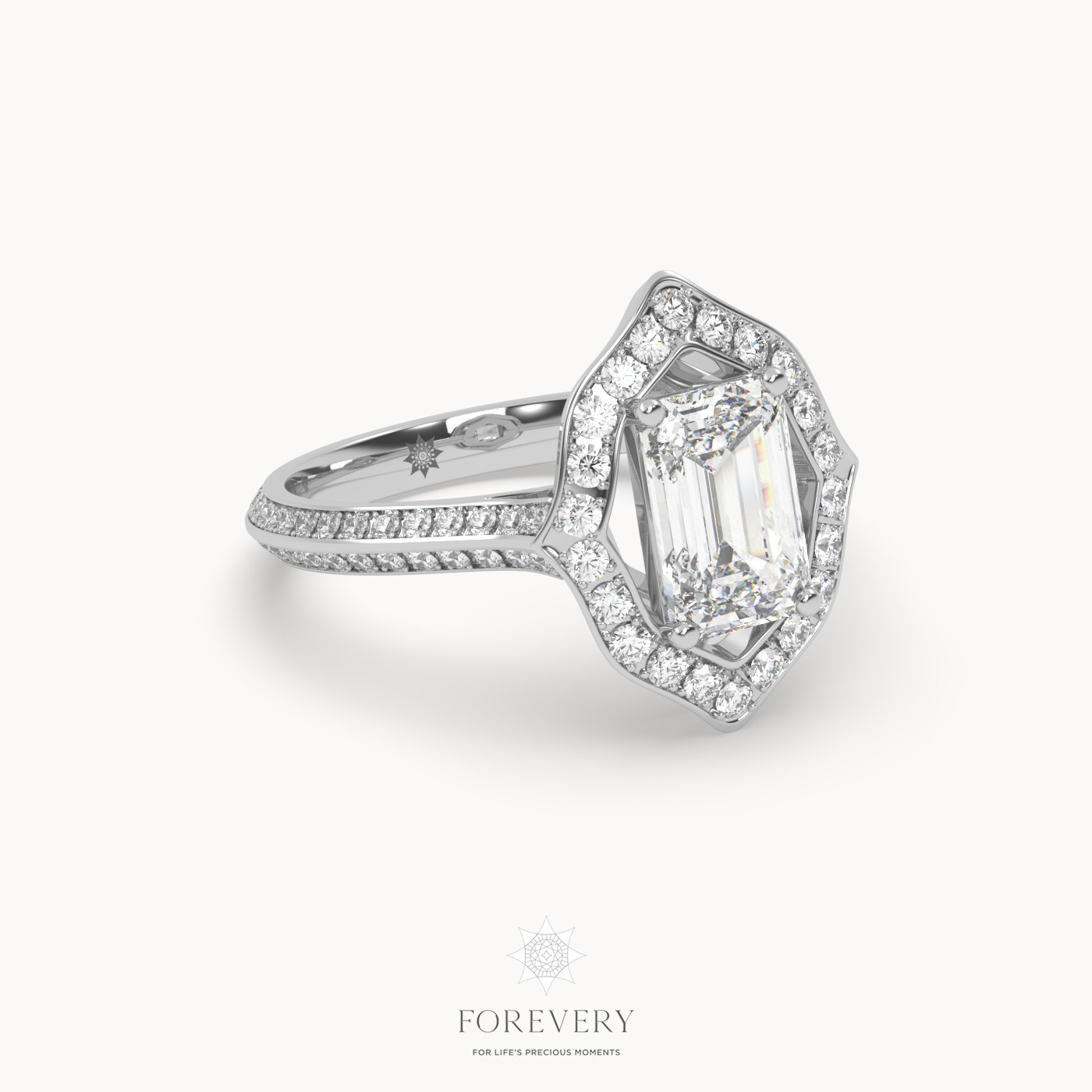 18K WHITE GOLD Emerald Cut Unique Engagament Ring with Knife Edge Band