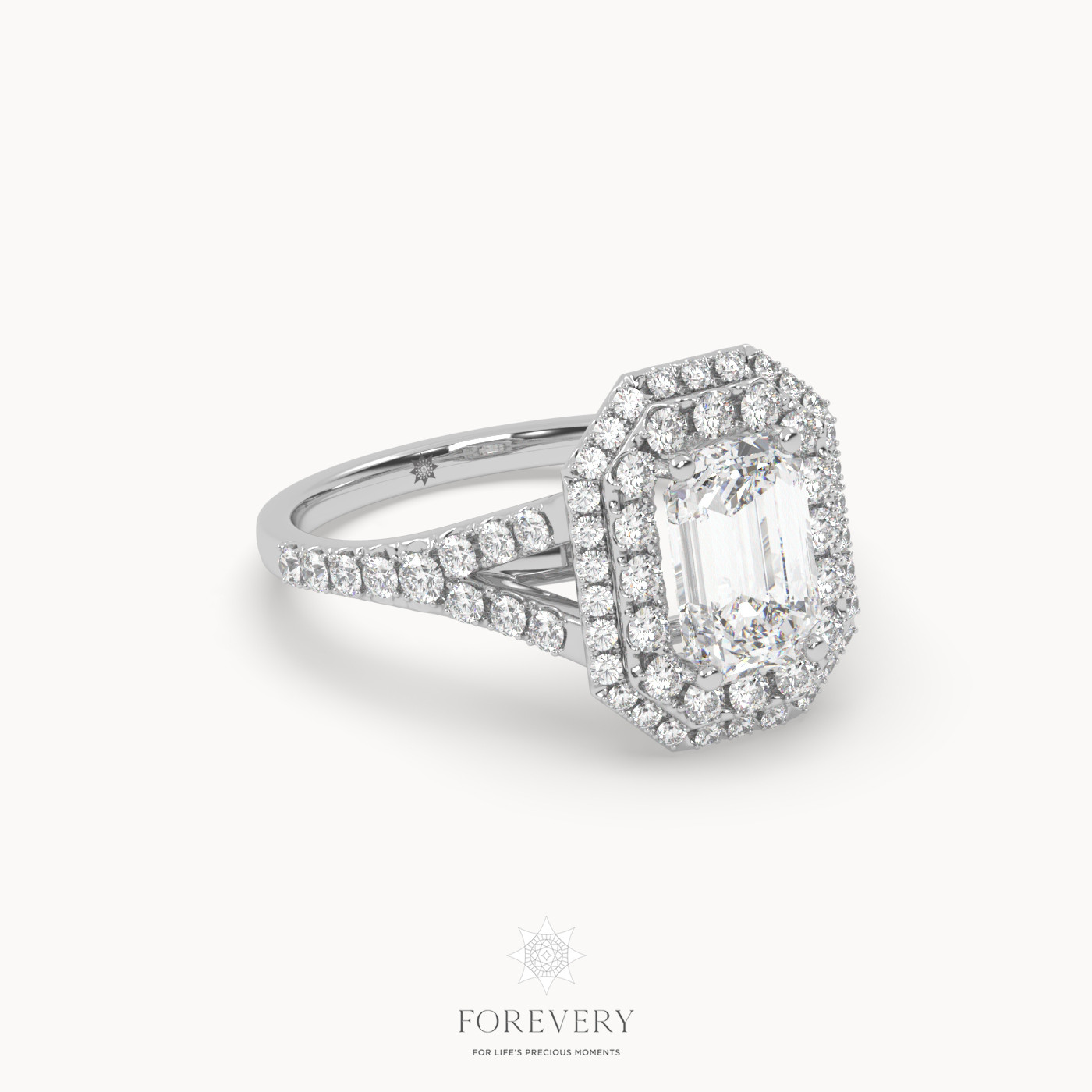 18K WHITE GOLD Emerald Diamond Vintage Double Halo Pave Ring