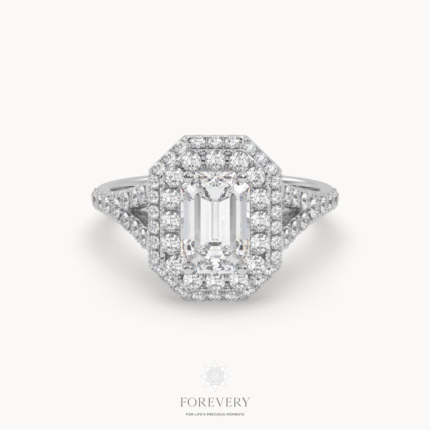 18K WHITE GOLD Emerald Diamond Vintage Double Halo Pave Ring