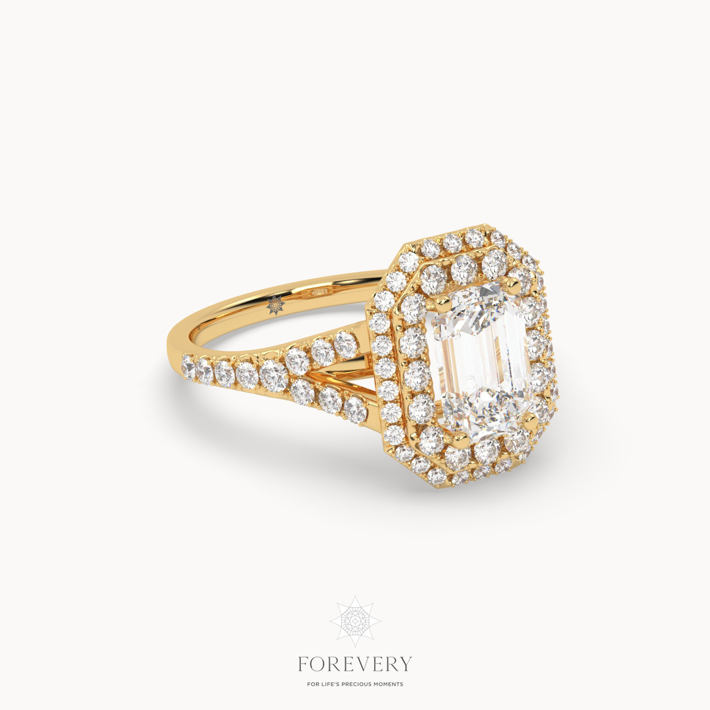 18K YELLOW GOLD Emerald Diamond Vintage Double Halo Pave Ring