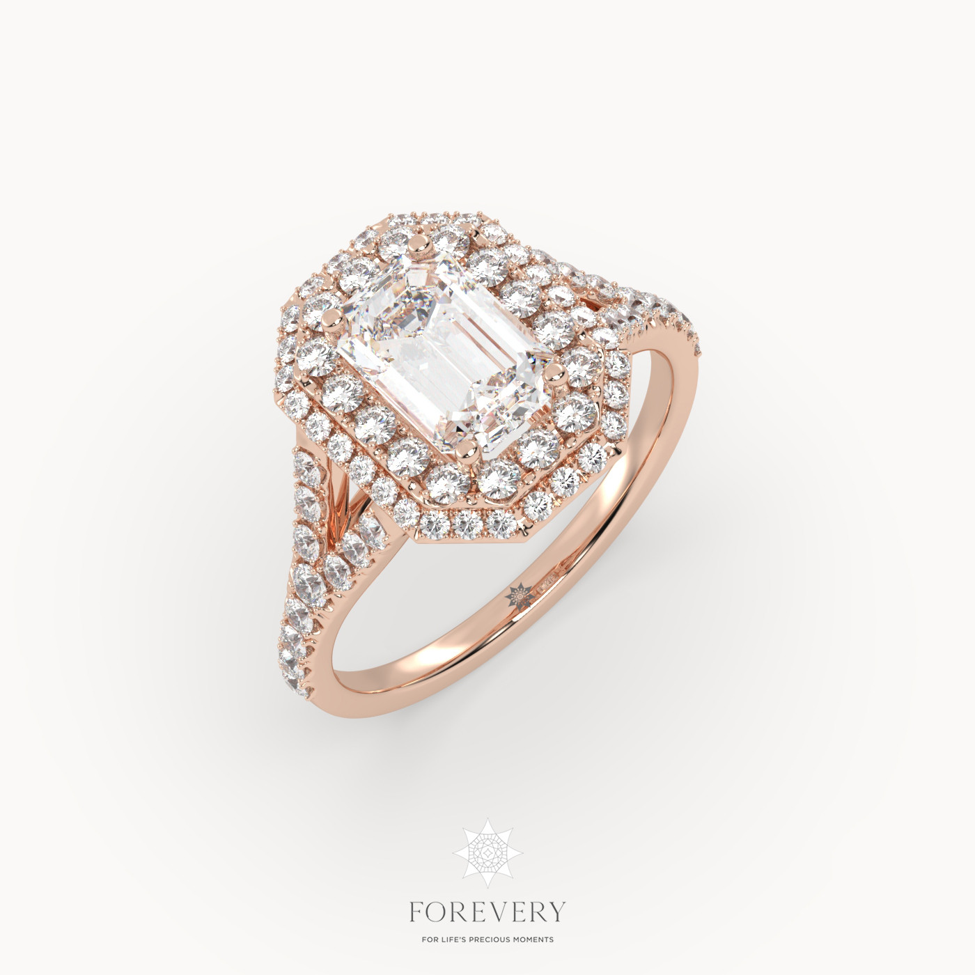 18K ROSE GOLD Emerald Diamond Vintage Double Halo Pave Ring