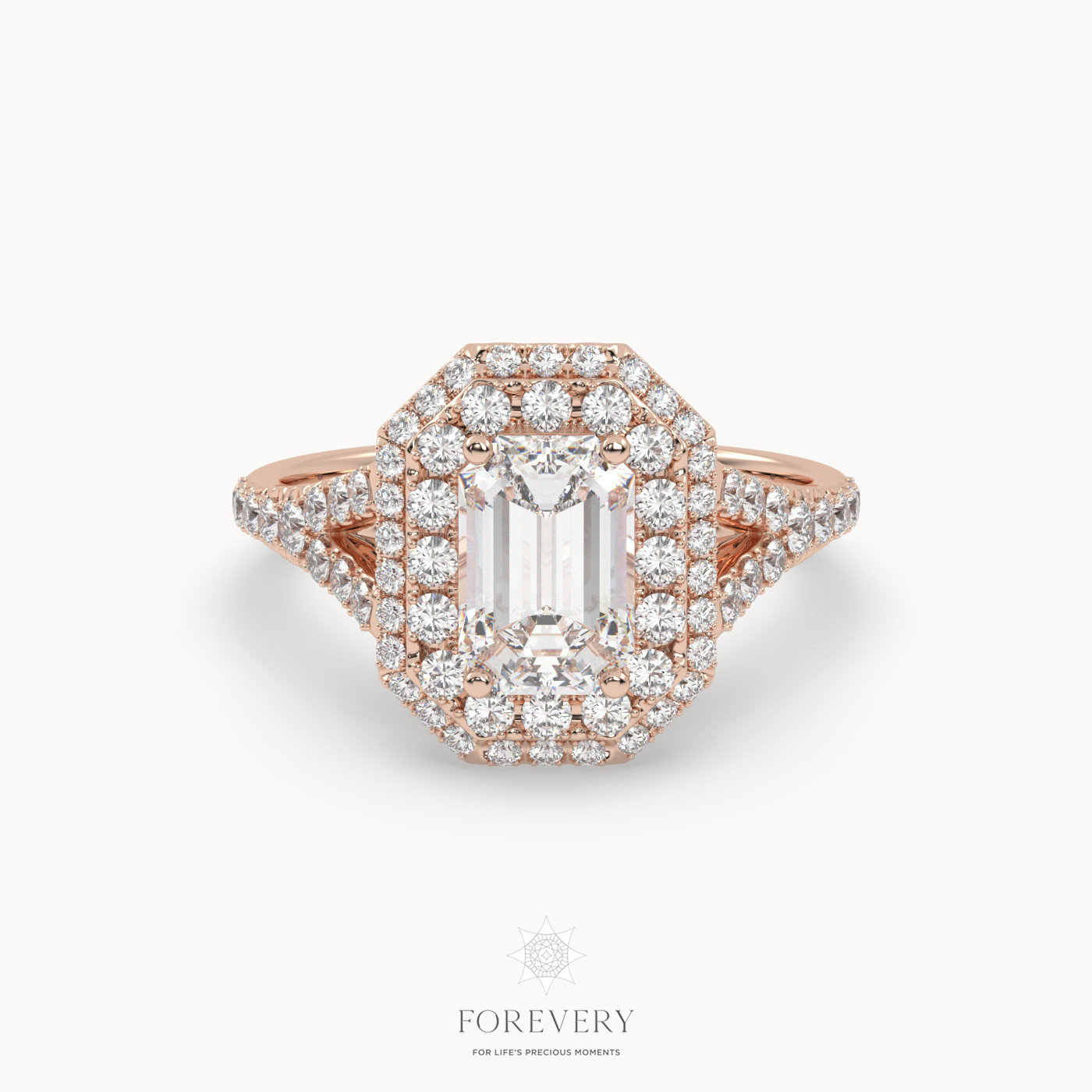 18K ROSE GOLD Emerald Diamond Vintage Double Halo Pave Ring