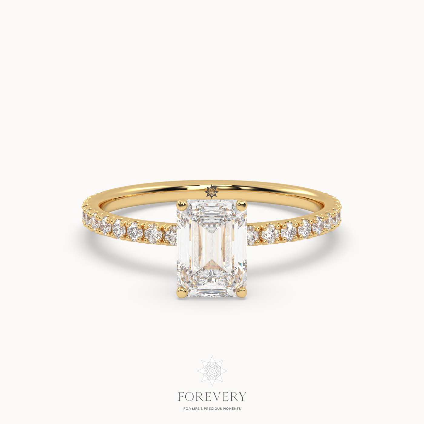 18K YELLOW GOLD Emerald Diamond Solitaire with Pave Style Band Ring