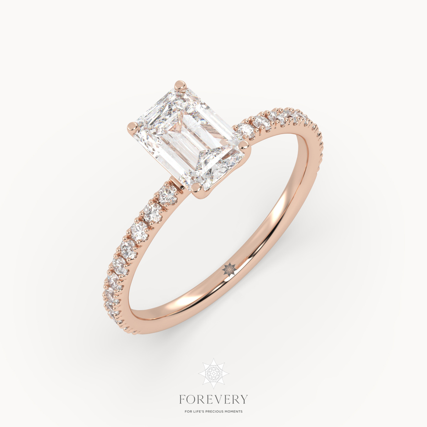 18K ROSE GOLD Emerald Diamond Solitaire with Pave Style Band Ring