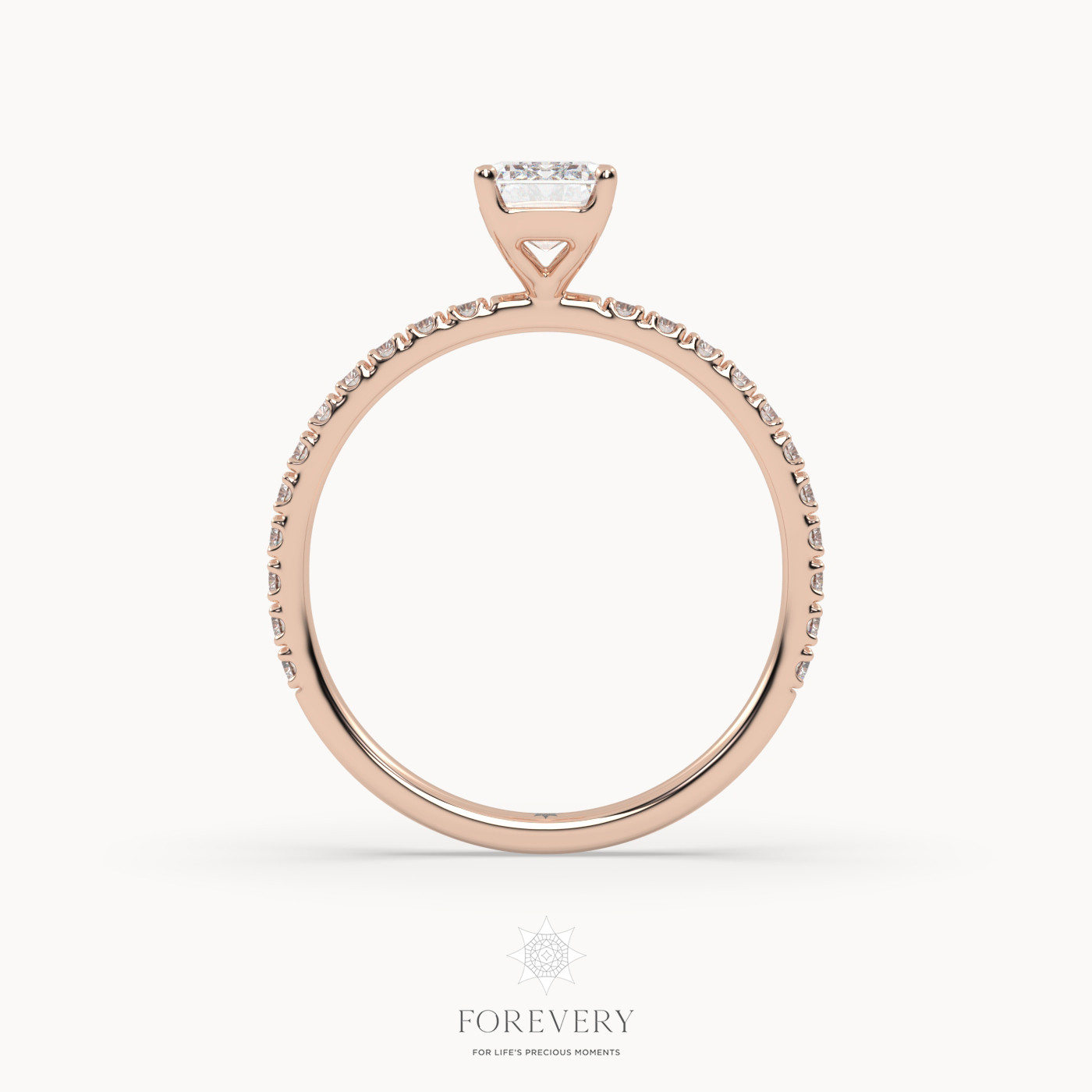 18K ROSE GOLD Emerald Diamond Solitaire with Pave Style Band Ring