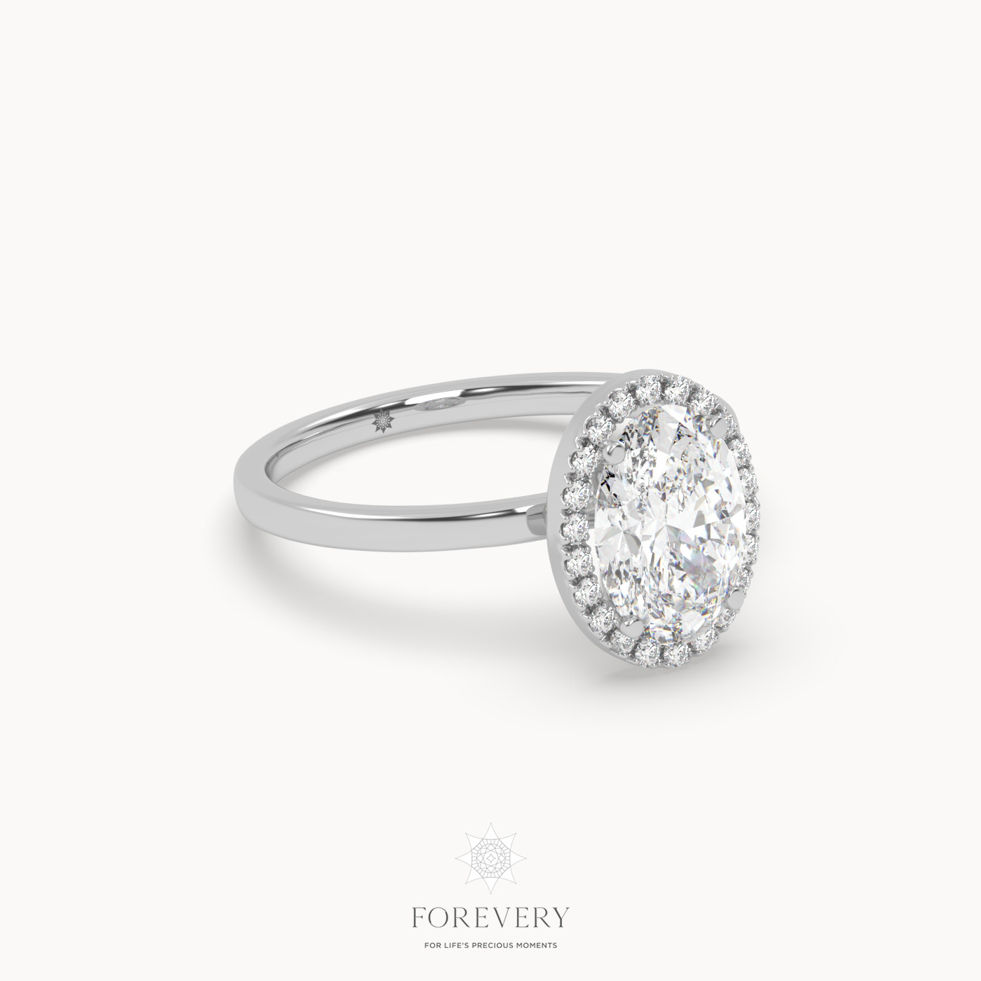 18K WHITE GOLD Oval Diamond Cut Halo Engagement Ring with Plain Band