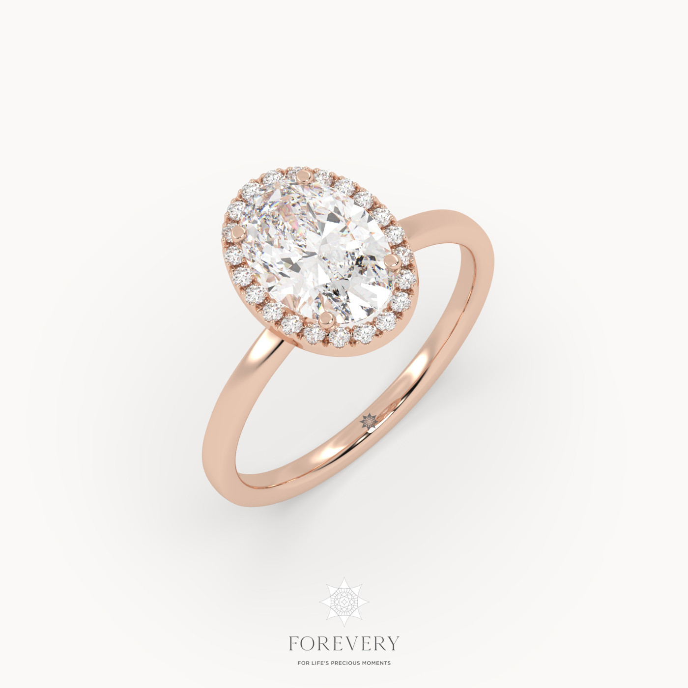 18K ROSE GOLD Oval Diamond Cut Halo Engagement Ring with Plain Band