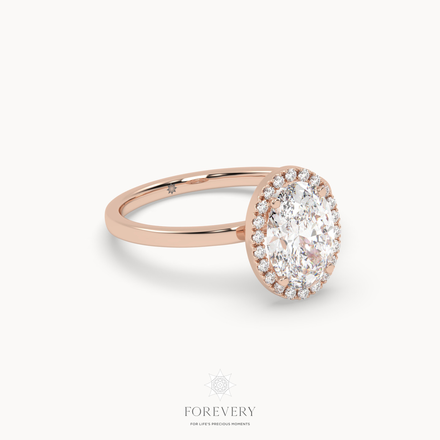 18K ROSE GOLD Oval Diamond Cut Halo Engagement Ring with Plain Band