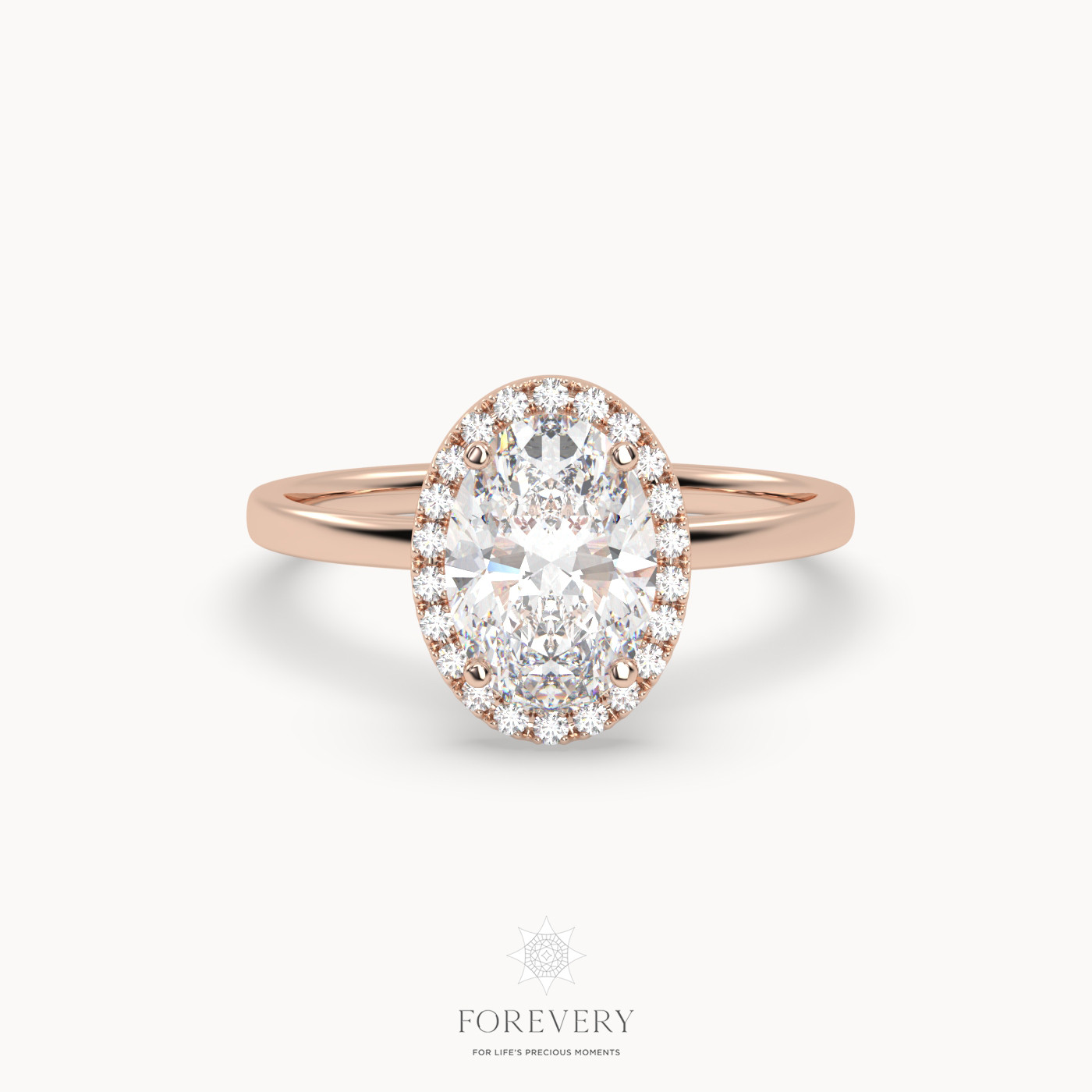 18K ROSE GOLD Oval Diamond Cut Halo Engagement Ring with Plain Band