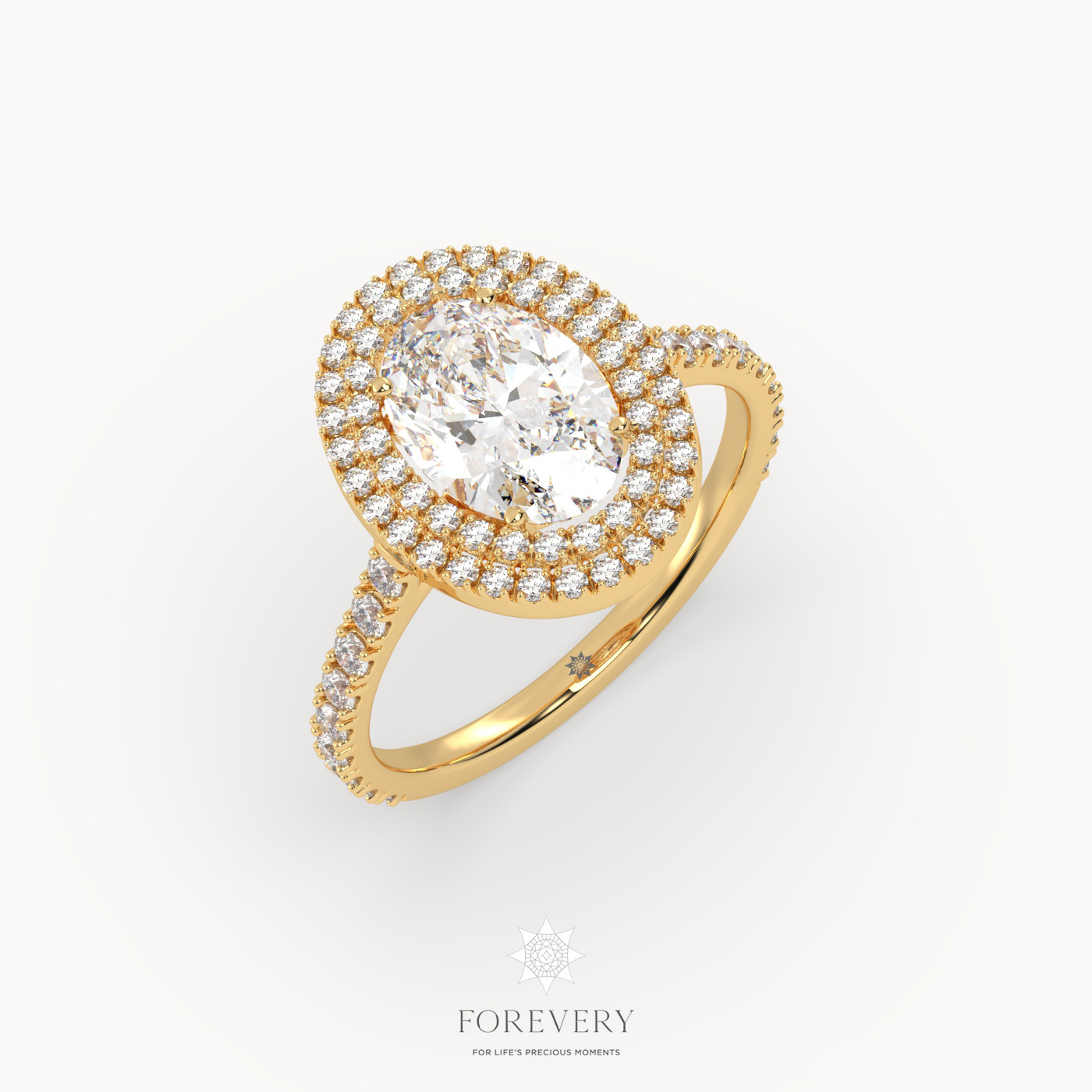 18K YELLOW GOLD Oval Diamond Cut Double Row Halo Engagement Ring