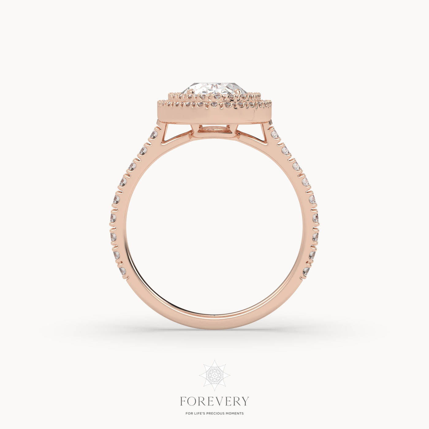 18K ROSE GOLD Oval Diamond Cut Double Row Halo Engagement Ring
