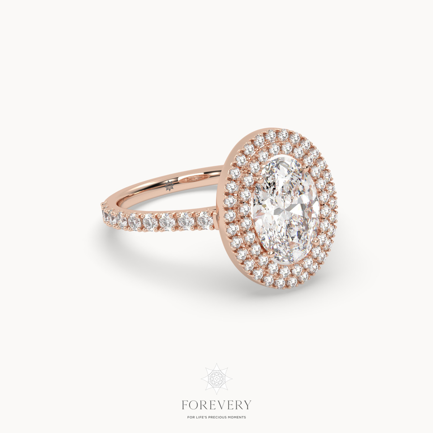18K ROSE GOLD Oval Diamond Cut Double Row Halo Engagement Ring