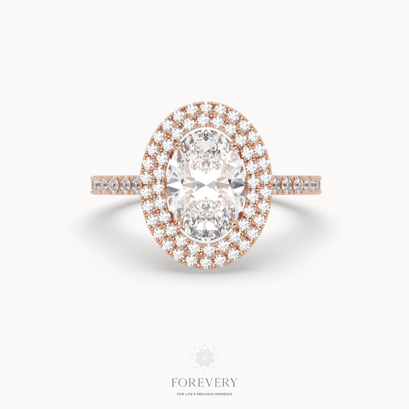 18K ROSE GOLD Oval Diamond Cut Double Row Halo Engagement Ring
