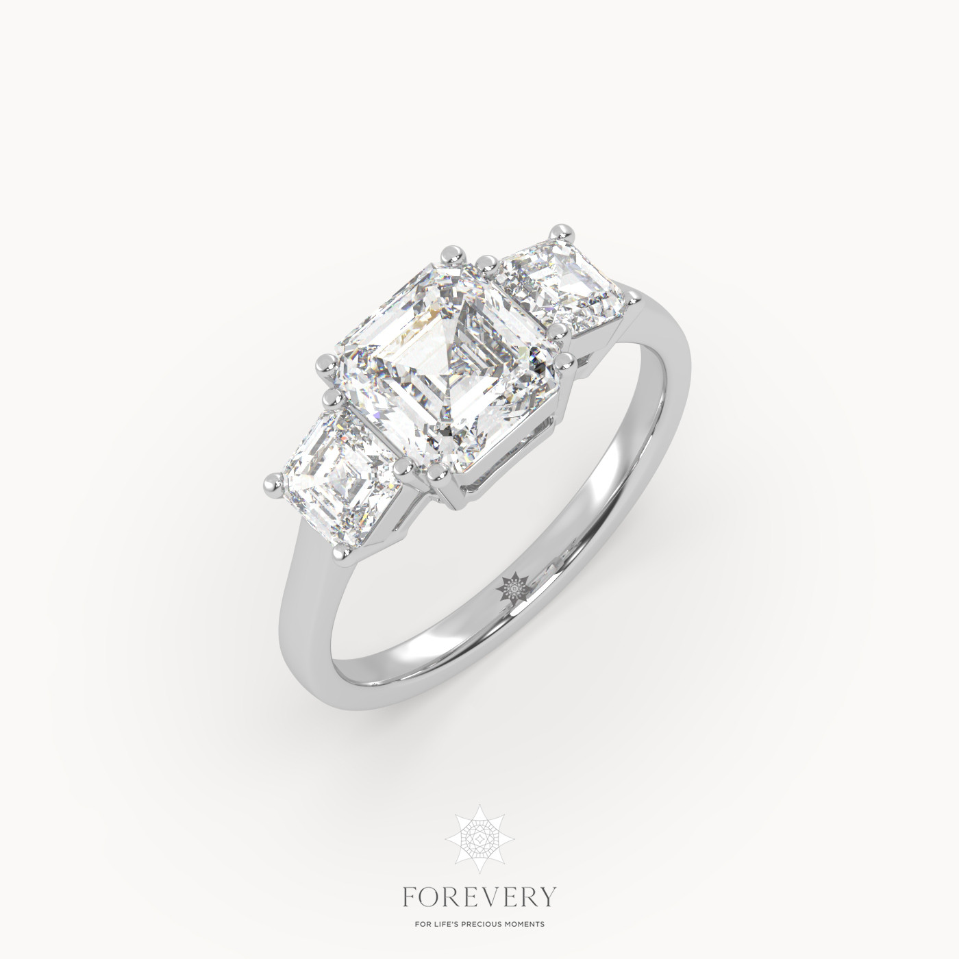 18K WHITE GOLD Asscher Diamond Cut Trilogy Diamond Engagement Ring