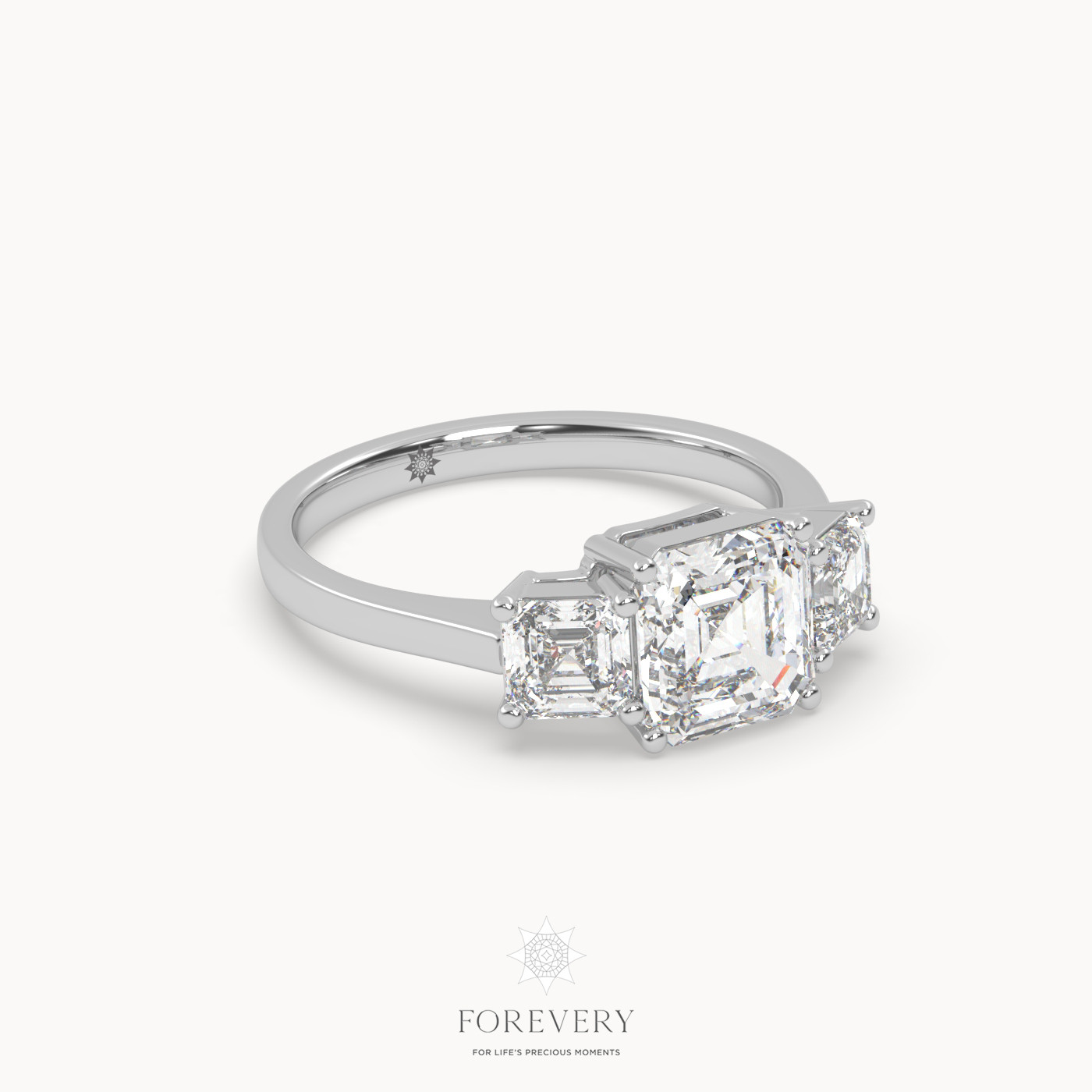 18K WHITE GOLD Asscher Diamond Cut Trilogy Diamond Engagement Ring