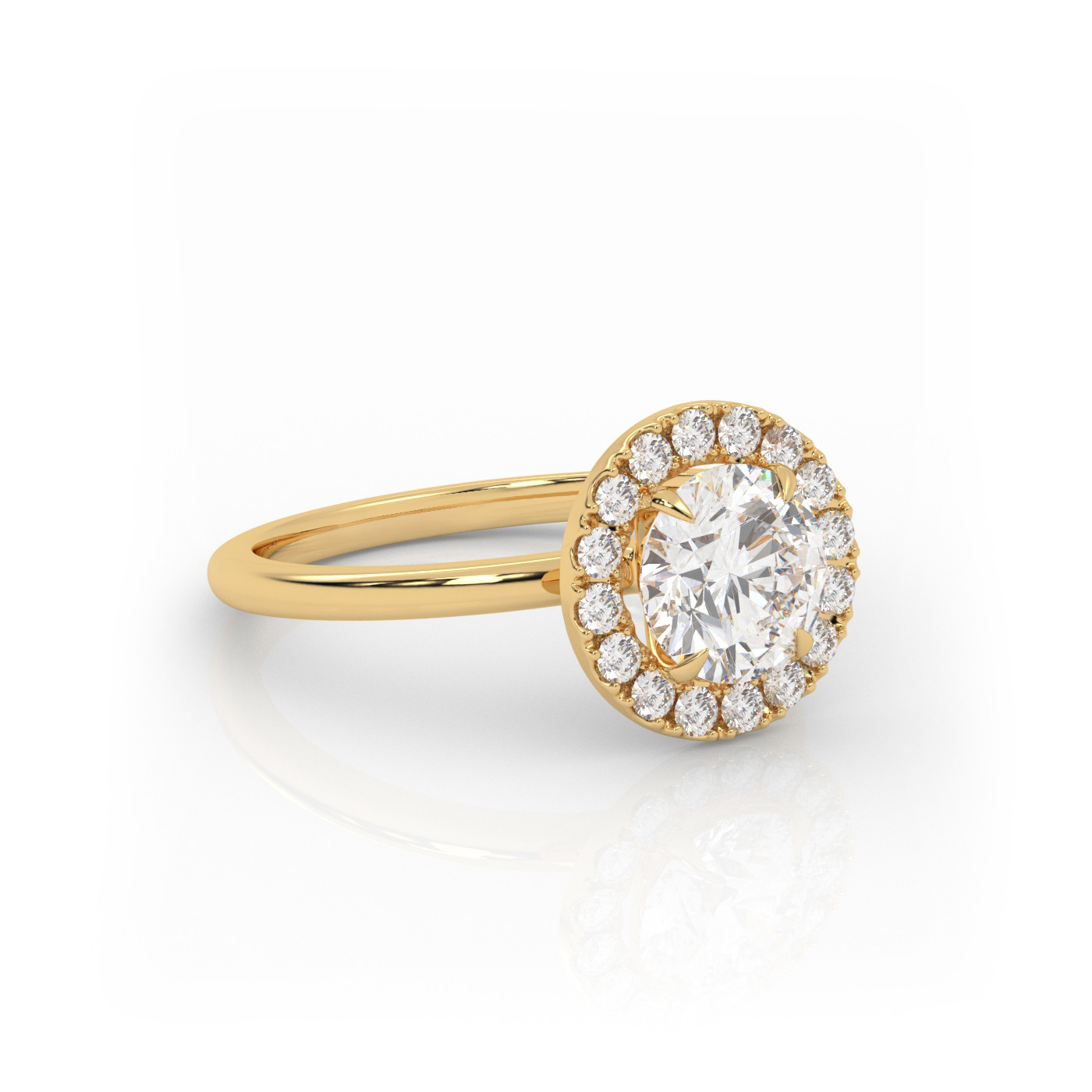 18K YELLOW GOLD Round Diamond Cut Engagement Ring with Halo Style