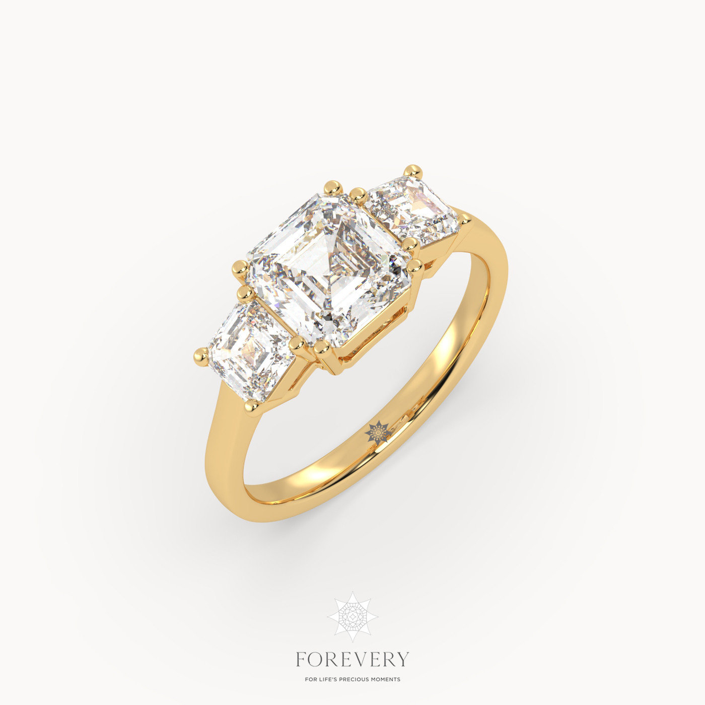 18K YELLOW GOLD Asscher Diamond Cut Trilogy Diamond Engagement Ring