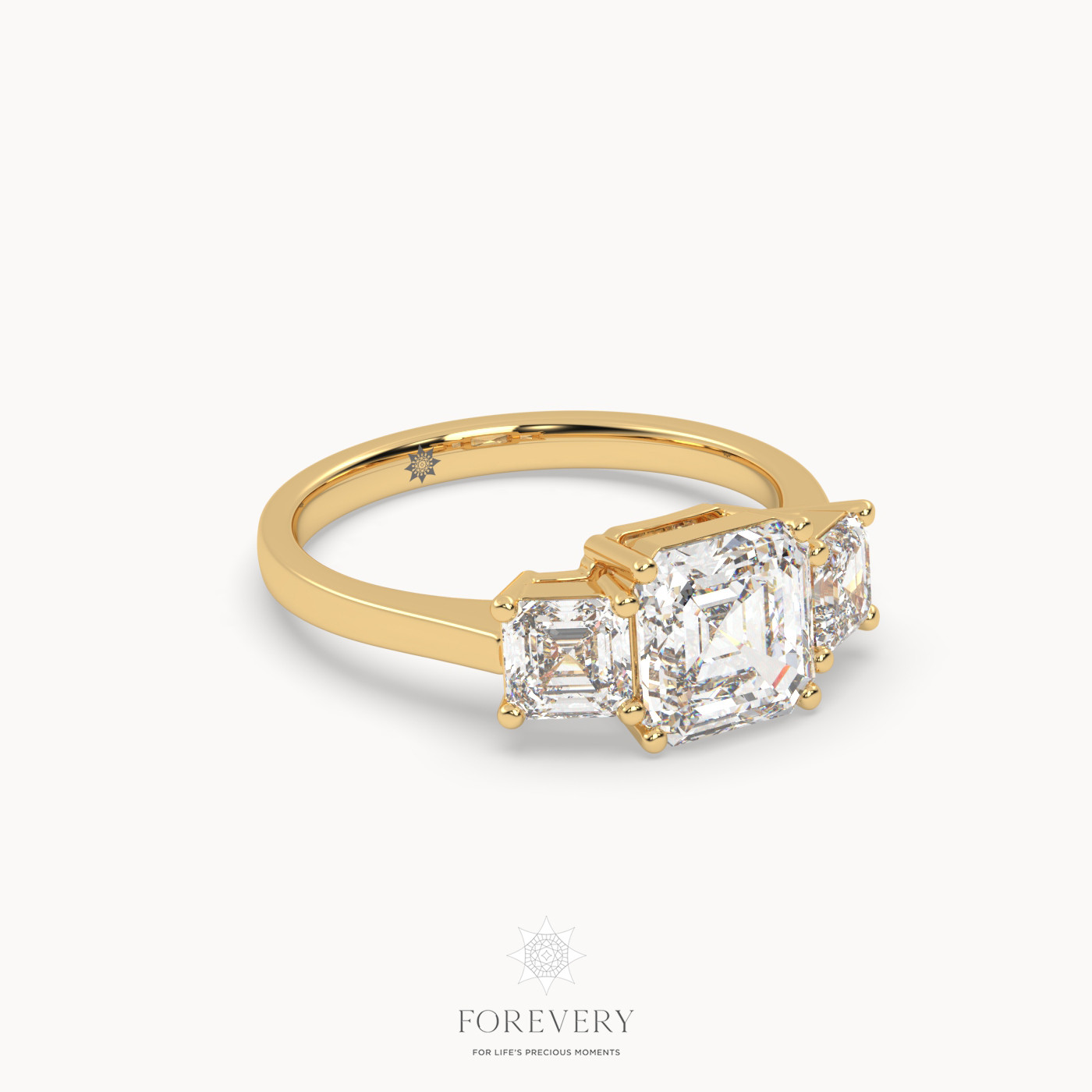 18K YELLOW GOLD Asscher Diamond Cut Trilogy Diamond Engagement Ring