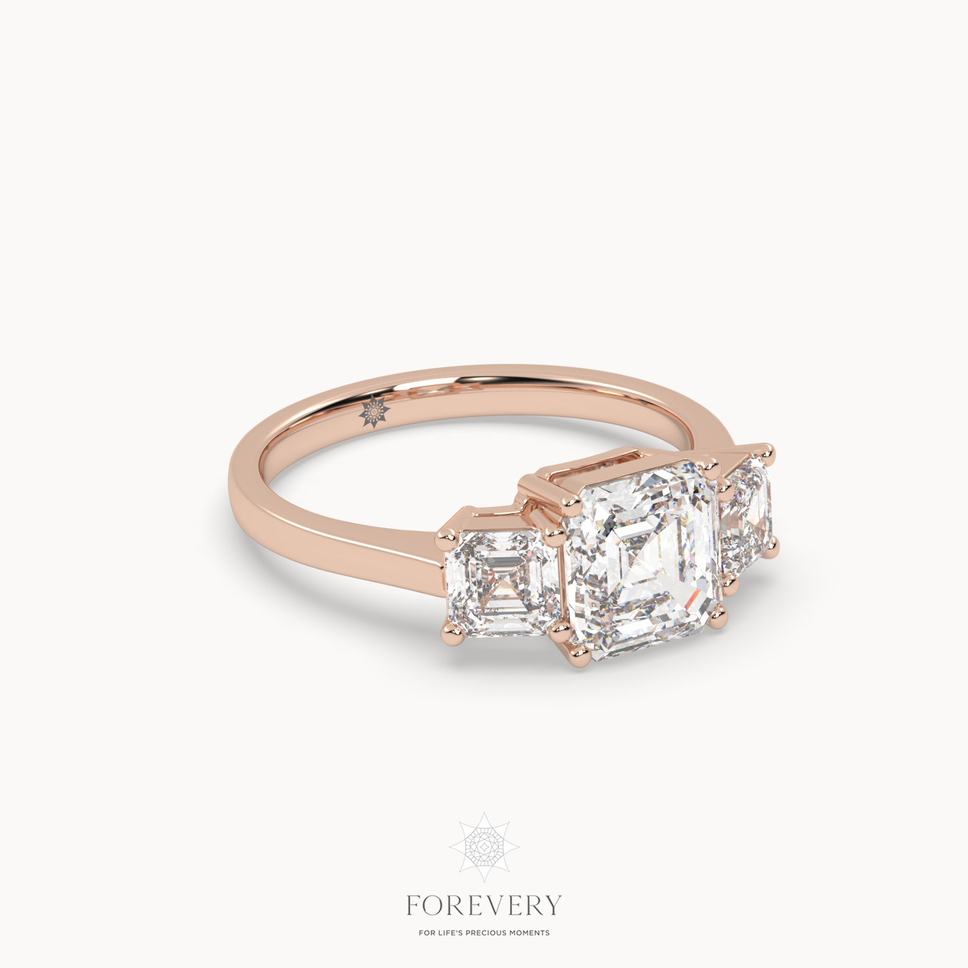 18K ROSE GOLD Asscher Diamond Cut Trilogy Diamond Engagement Ring