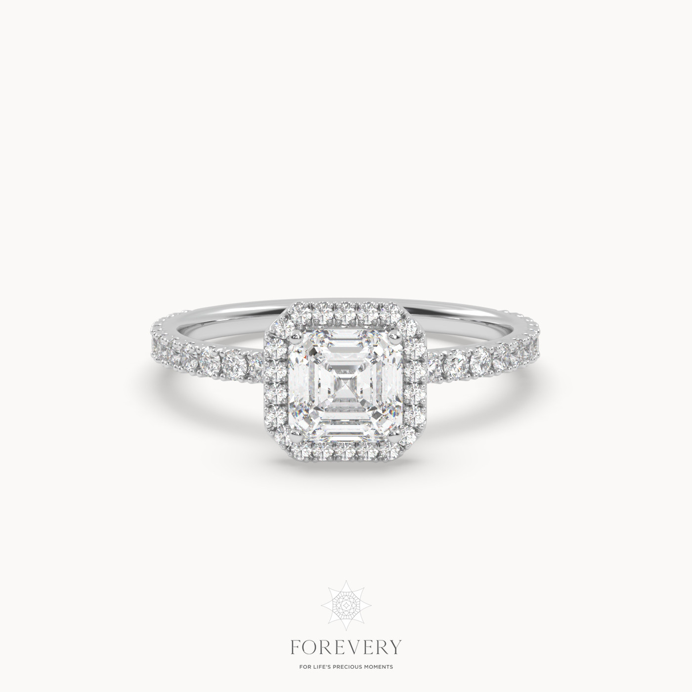 18K WHITE GOLD Emerald Cut Halo Style Diamond Engagement Ring