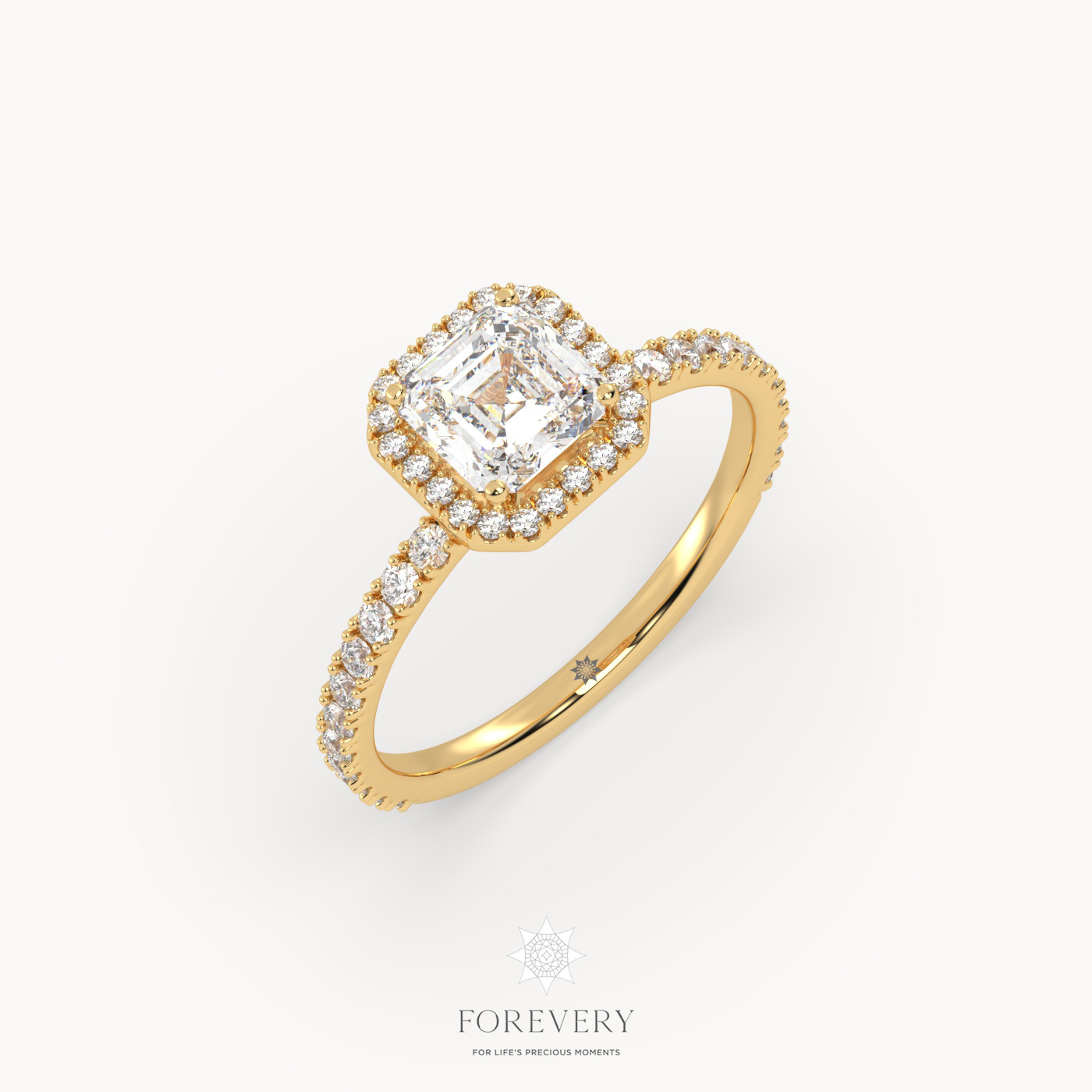 18K YELLOW GOLD Emerald Cut Halo Style Diamond Engagement Ring