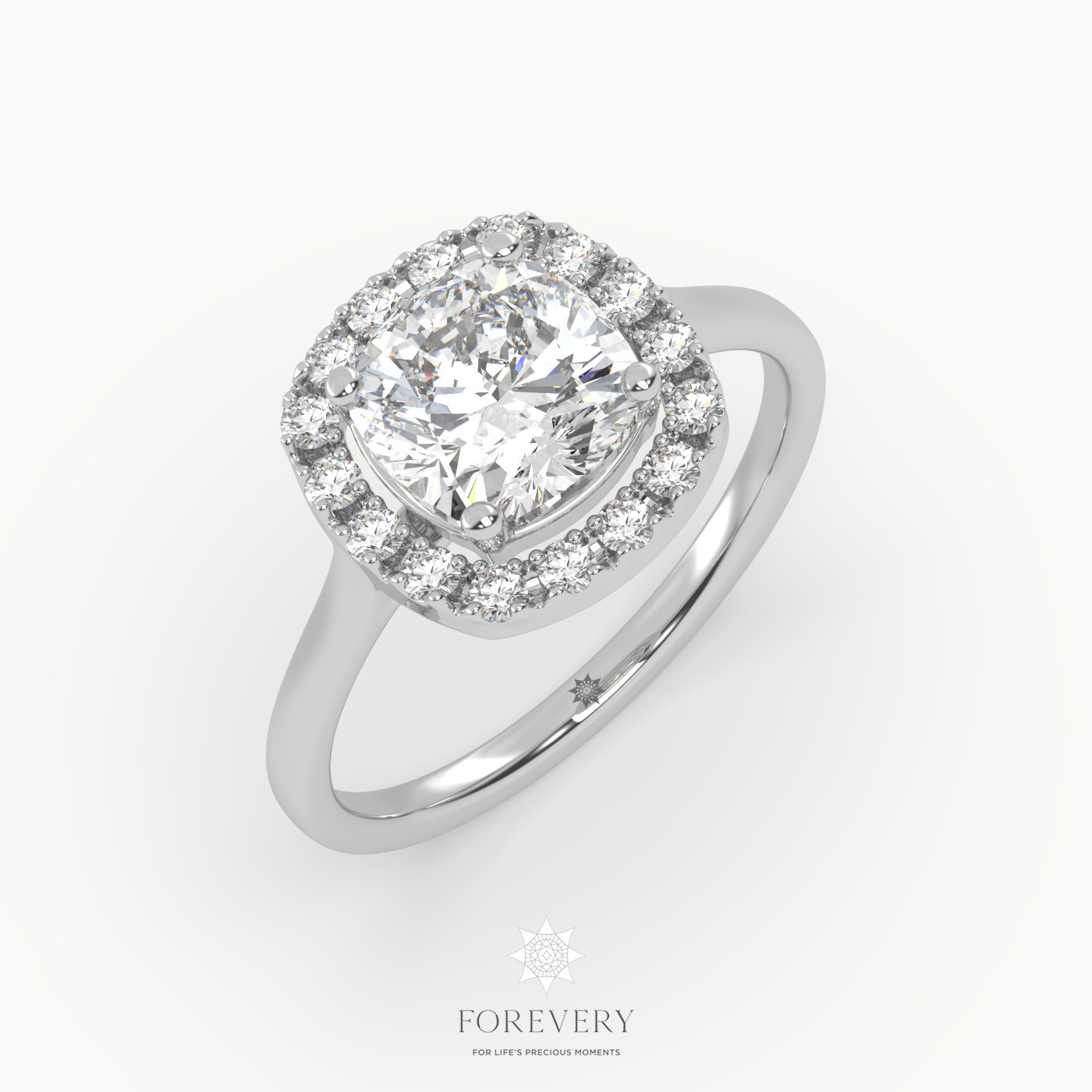 18K WHITE GOLD Cushion Cut Halo Diamond Engagement Ring with Plain Band